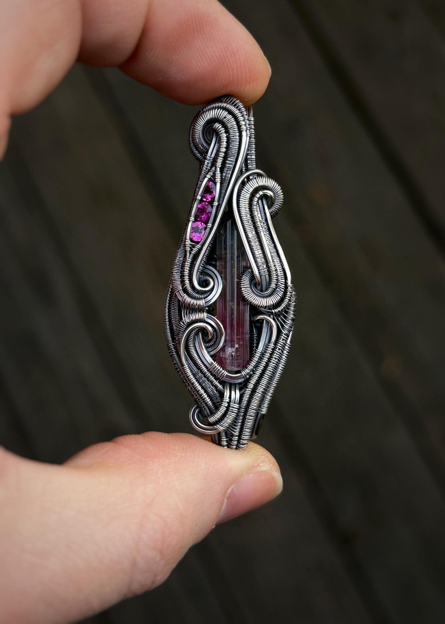 Slender Tourmaline Pendant // Aricanga Tourm // Oxidized Silver // Festival Jewelry // Handmade Wire Art // Organic Wire Flow // Garnets