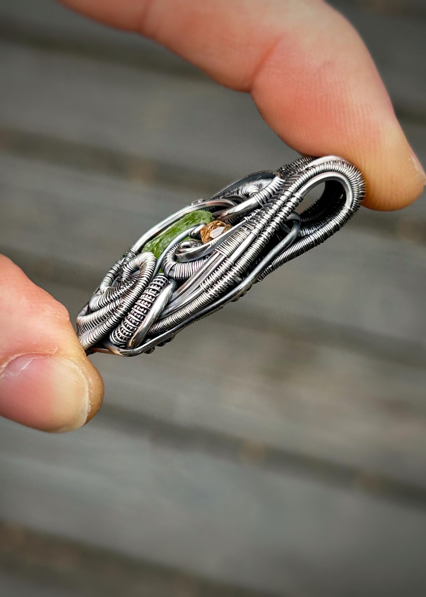 Slime Green Peridot Floater Crystal // Gemmy Hessonite Garnet // Faceted Spessertine Garnets // Wire Wrapped Pendant // Oxidized Silver