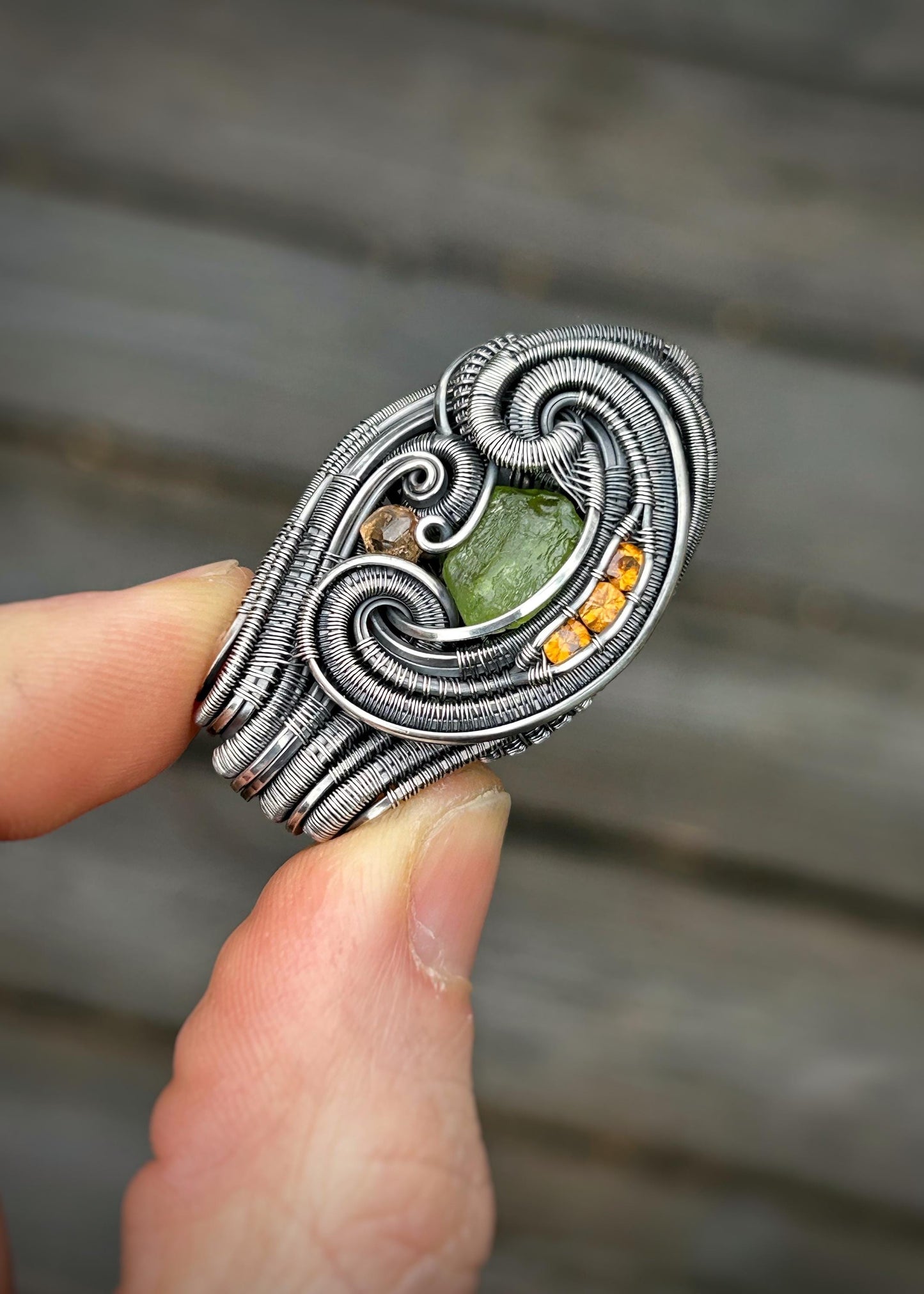 Slime Green Peridot Floater Crystal // Gemmy Hessonite Garnet // Faceted Spessertine Garnets // Wire Wrapped Pendant // Oxidized Silver