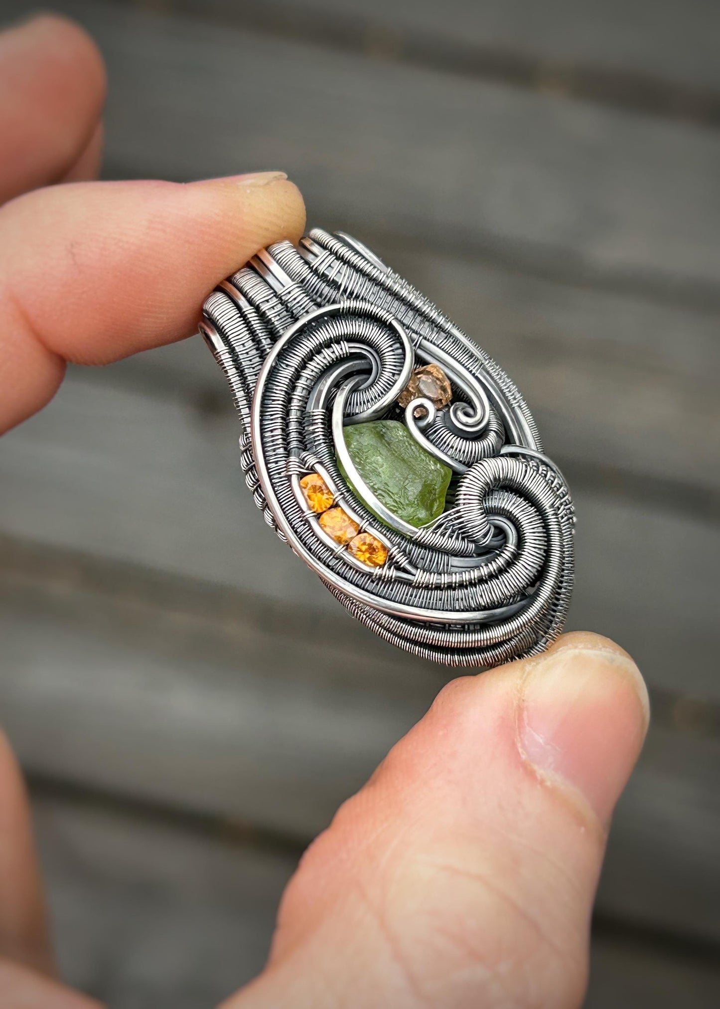 Slime Green Peridot Floater Crystal // Gemmy Hessonite Garnet // Faceted Spessertine Garnets // Wire Wrapped Pendant // Oxidized Silver