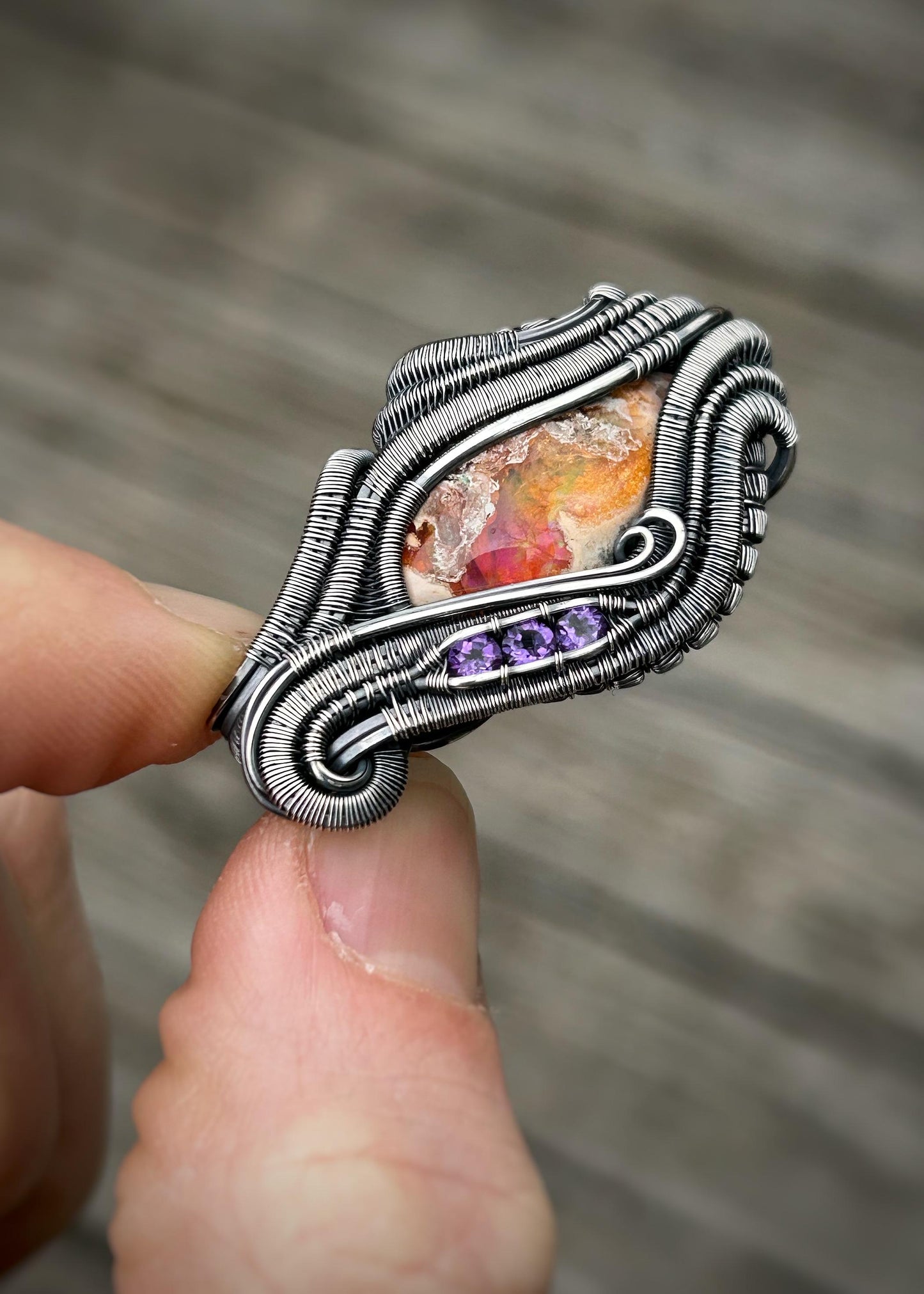 Purple Pendant // Amethyst // Mexican Fire Opal // Oxidized Silver // Wire Wrap // Festival Jewelry // Handmade Wire Art // Wire Flow