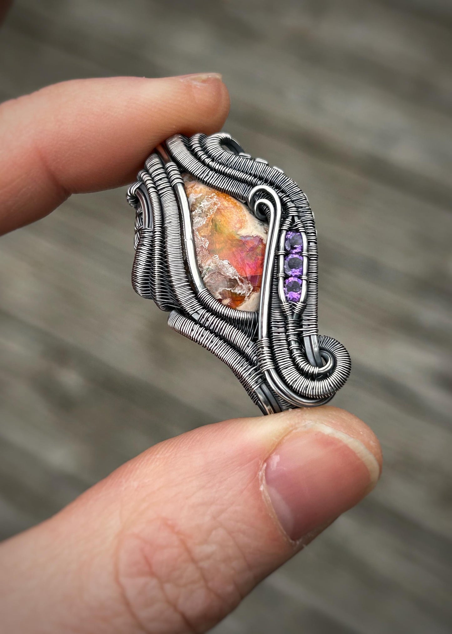 Purple Pendant // Amethyst // Mexican Fire Opal // Oxidized Silver // Wire Wrap // Festival Jewelry // Handmade Wire Art // Wire Flow