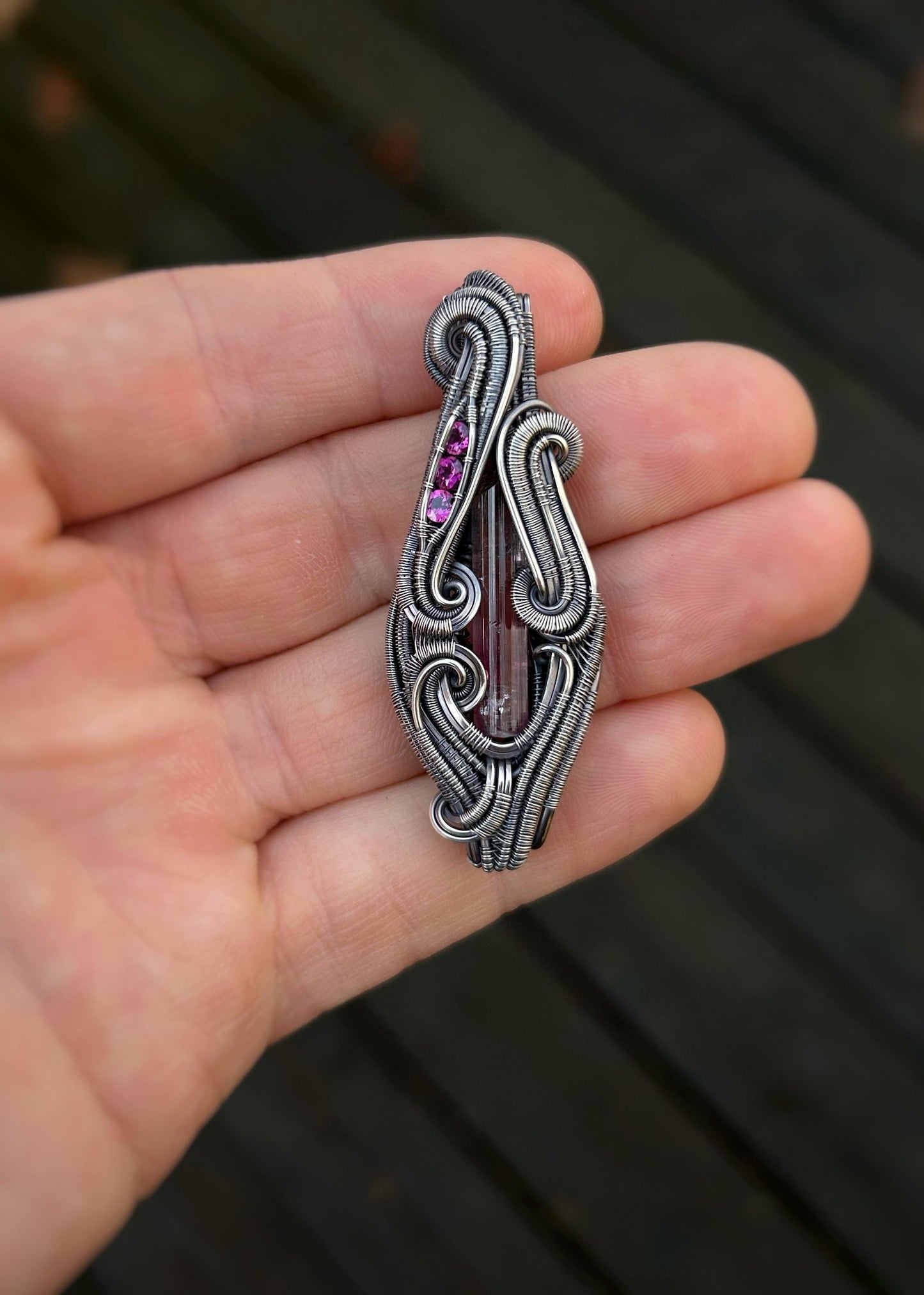 Slender Tourmaline Pendant // Aricanga Tourm // Oxidized Silver // Festival Jewelry // Handmade Wire Art // Organic Wire Flow // Garnets
