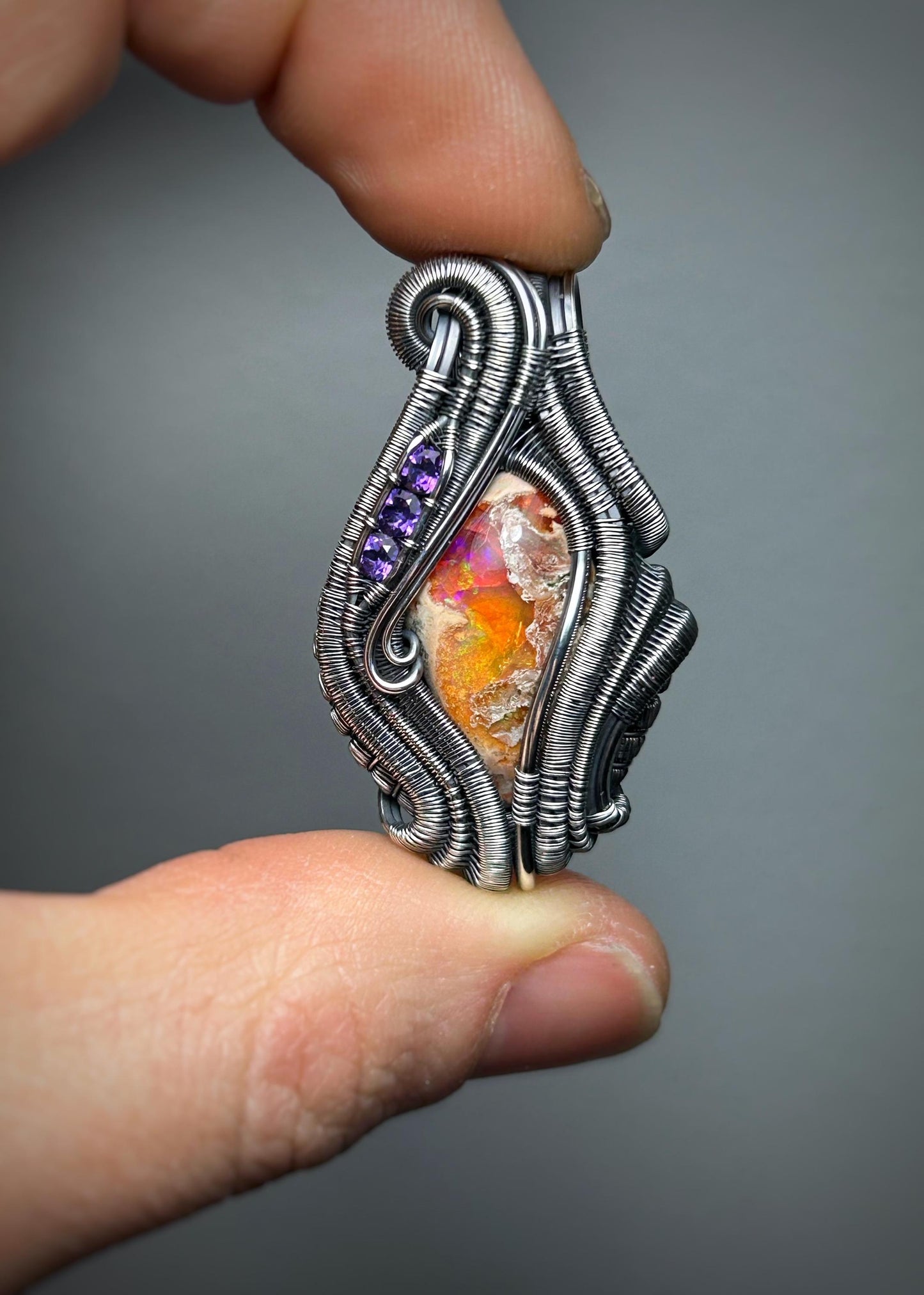 Purple Pendant // Amethyst // Mexican Fire Opal // Oxidized Silver // Wire Wrap // Festival Jewelry // Handmade Wire Art // Wire Flow