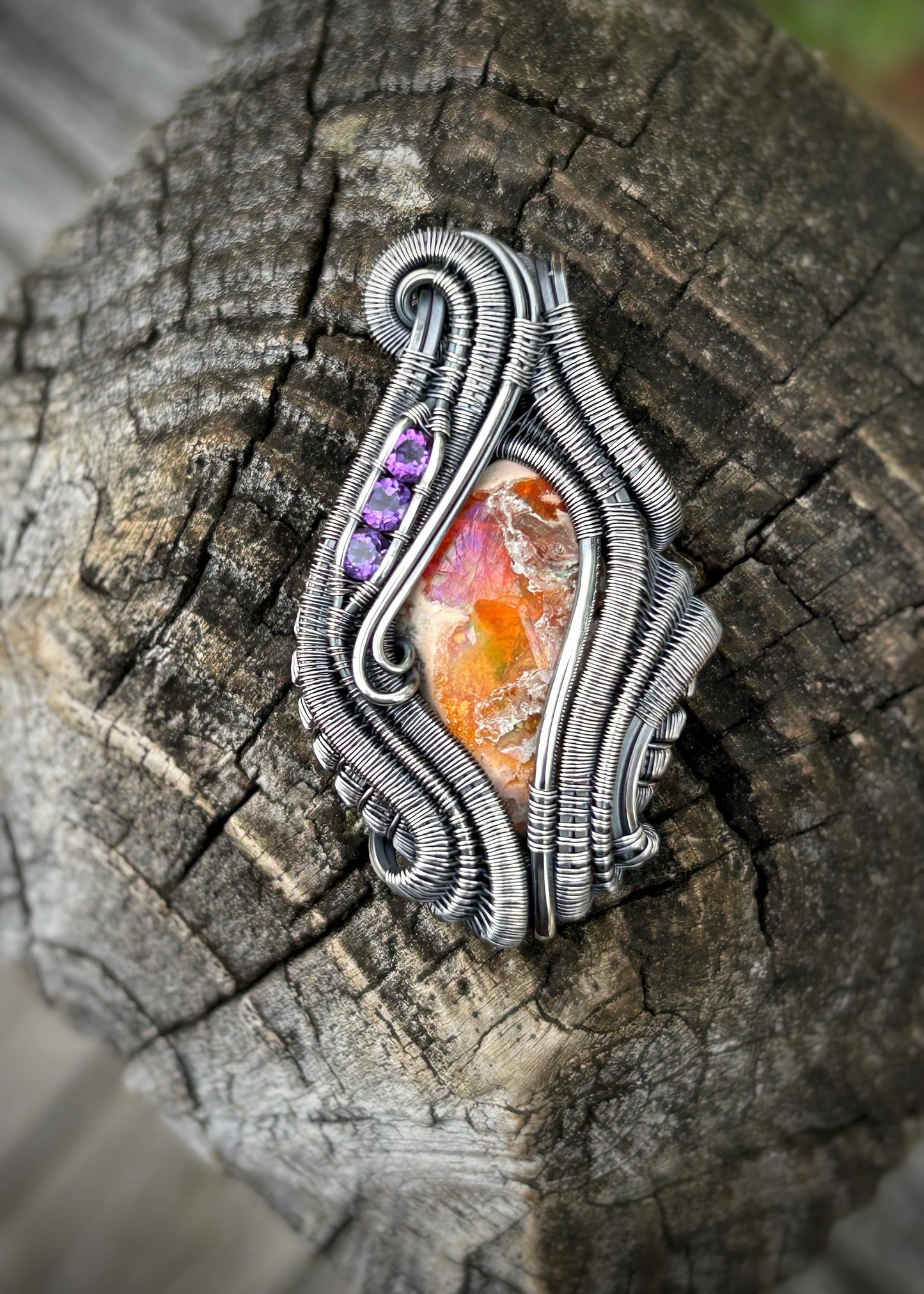 Purple Pendant // Amethyst // Mexican Fire Opal // Oxidized Silver // Wire Wrap // Festival Jewelry // Handmade Wire Art // Wire Flow