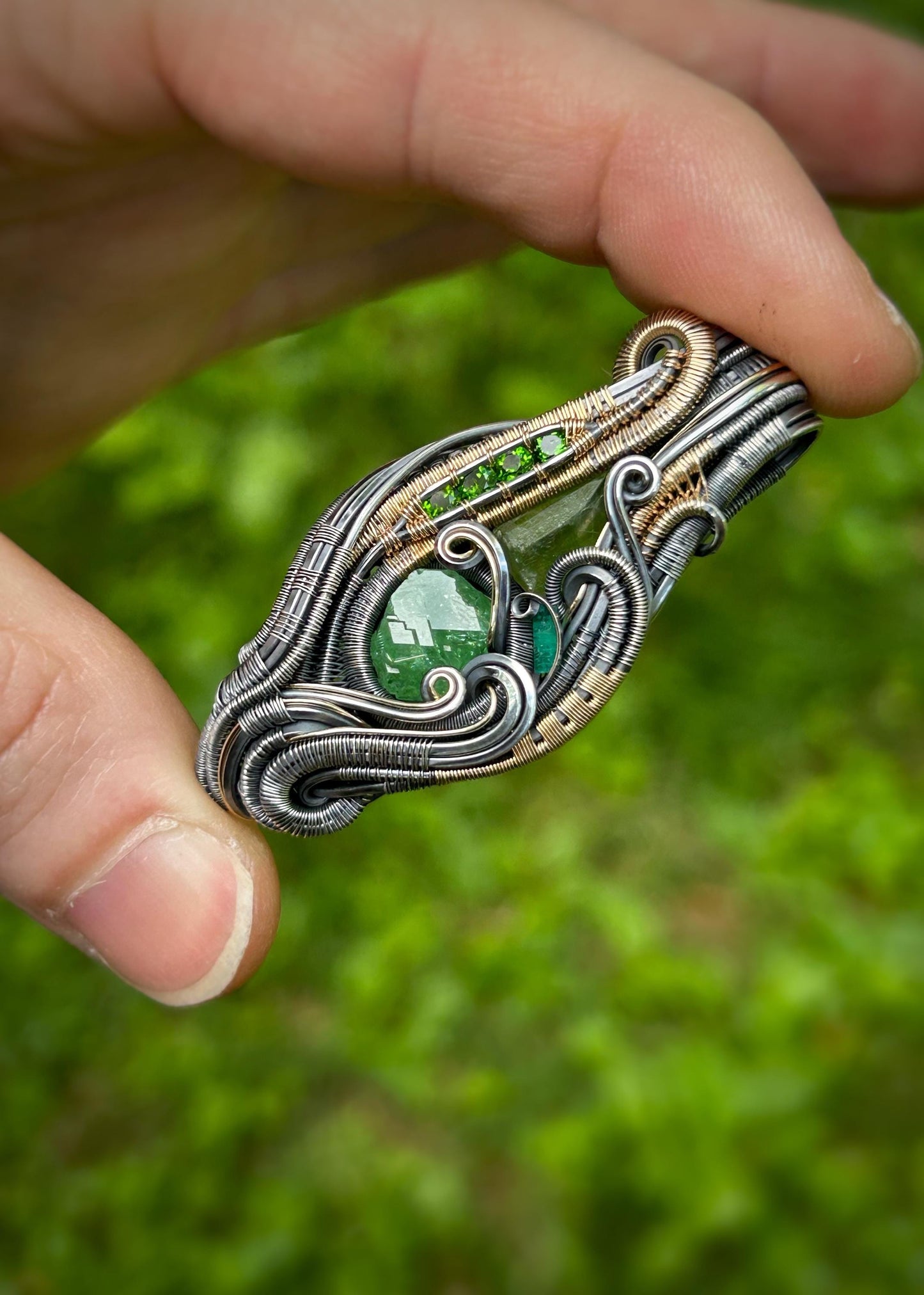 All-Greenie // Tsavorite Garnet // Emerald // Peridot // Festival Jewelry // Wire Wrapped Pendant // Sexy Necklace // Mixed Metals