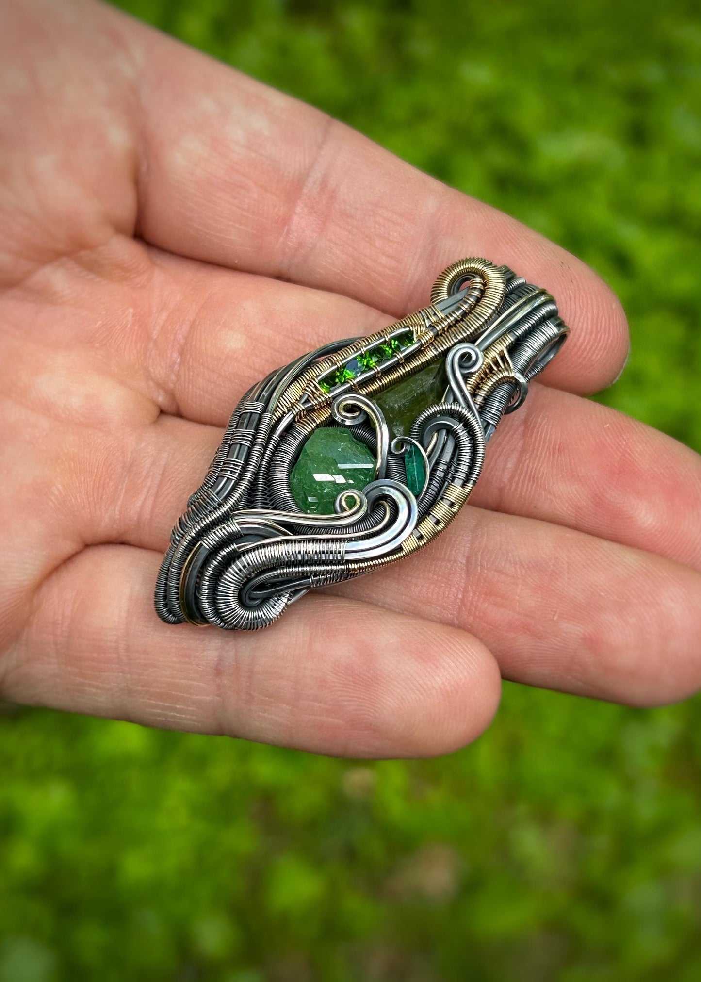 All-Greenie // Tsavorite Garnet // Emerald // Peridot // Festival Jewelry // Wire Wrapped Pendant // Sexy Necklace // Mixed Metals