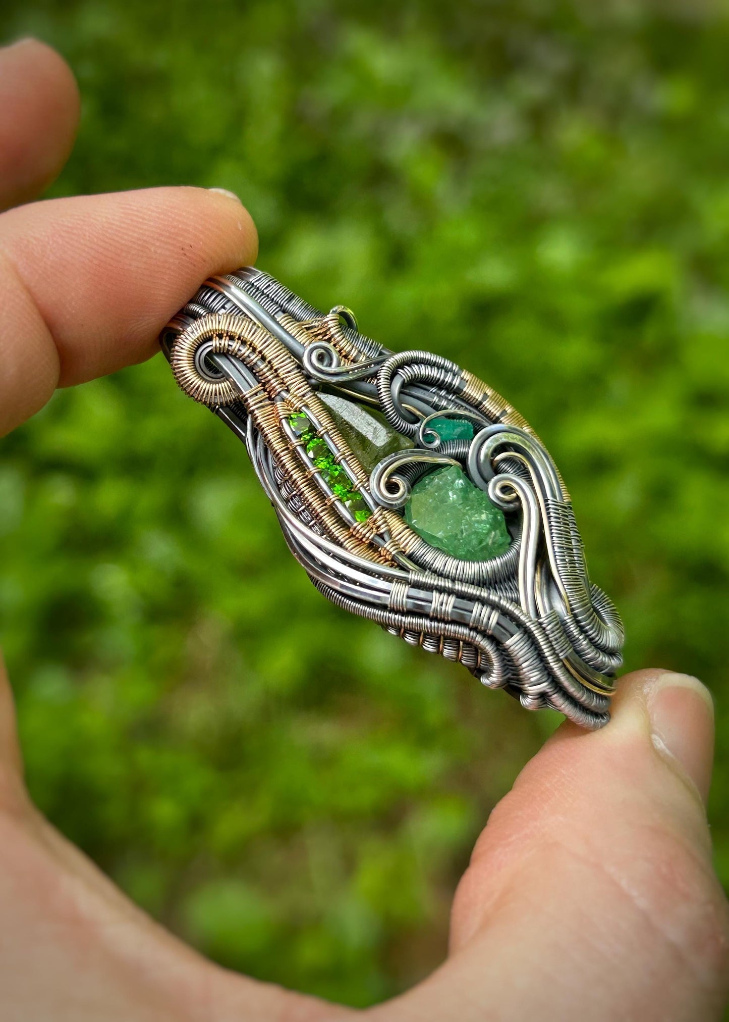 All-Greenie // Tsavorite Garnet // Emerald // Peridot // Festival Jewelry // Wire Wrapped Pendant // Sexy Necklace // Mixed Metals