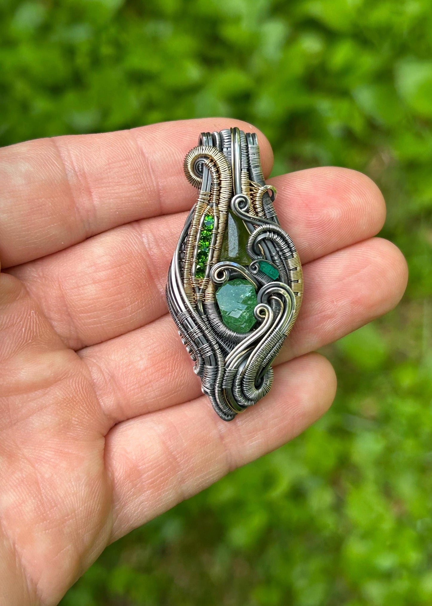 All-Greenie // Tsavorite Garnet // Emerald // Peridot // Festival Jewelry // Wire Wrapped Pendant // Sexy Necklace // Mixed Metals