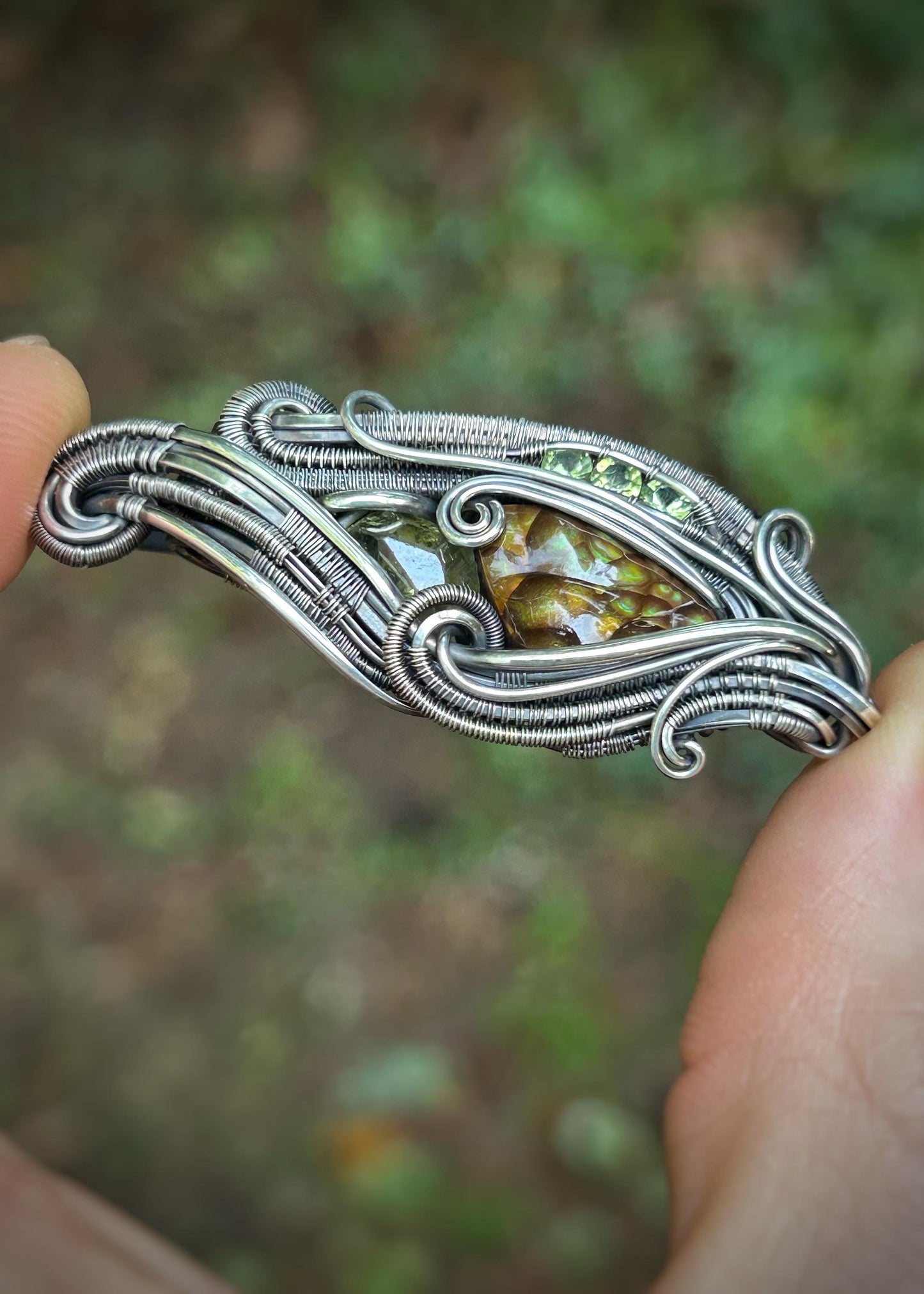 All Green Deer Creek Fire Agate Pendant // Demantoid Garnet // Peridot // Festival Jewelry // Oxidized Silver // Handmade Wire Art // Love