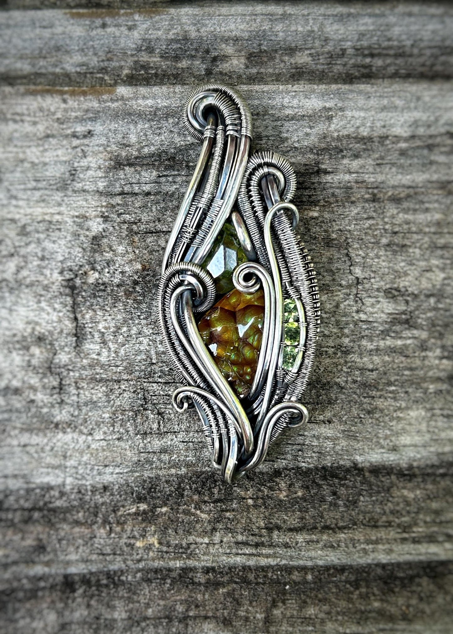 All Green Deer Creek Fire Agate Pendant // Demantoid Garnet // Peridot // Festival Jewelry // Oxidized Silver // Handmade Wire Art // Love