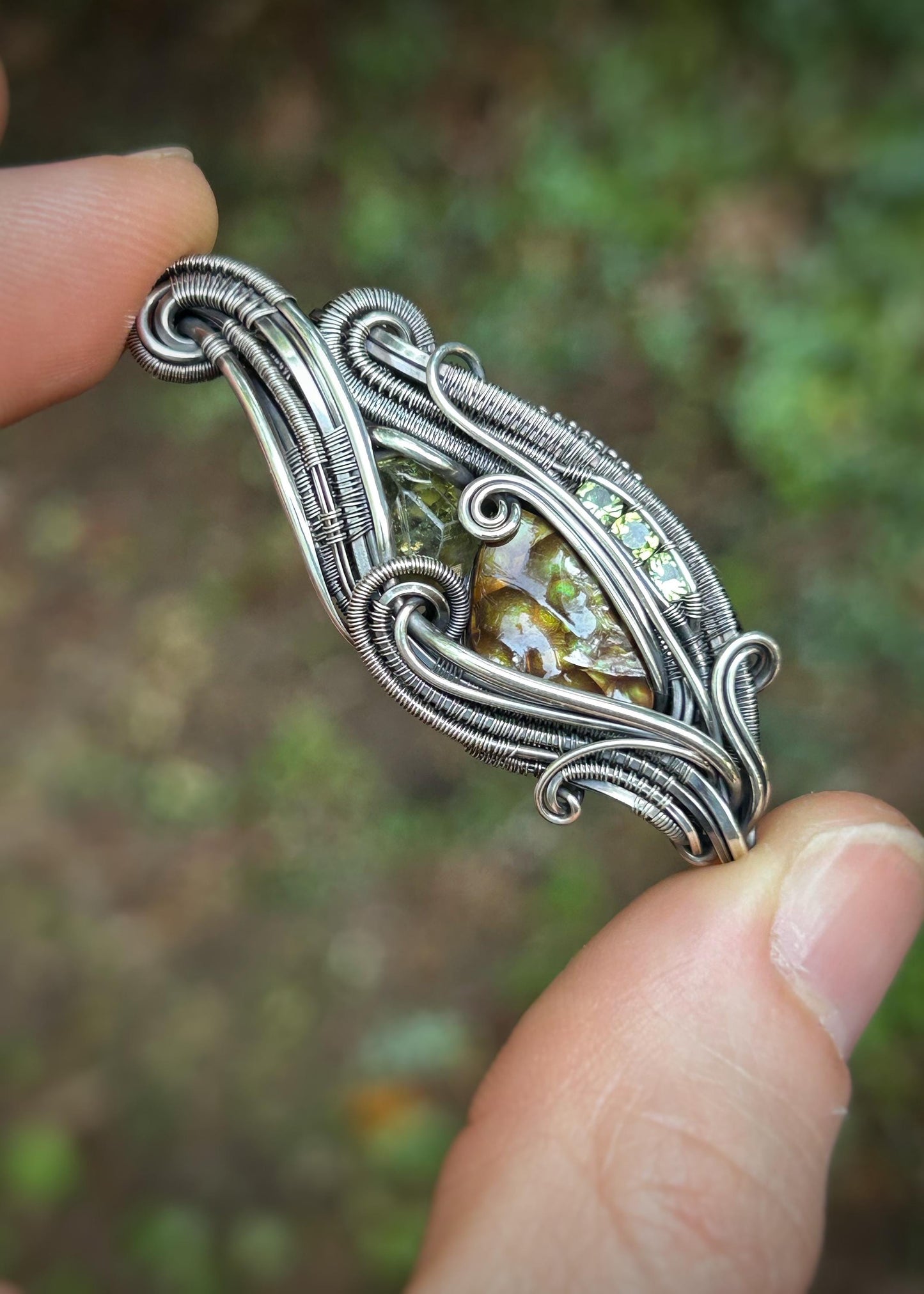 All Green Deer Creek Fire Agate Pendant // Demantoid Garnet // Peridot // Festival Jewelry // Oxidized Silver // Handmade Wire Art // Love