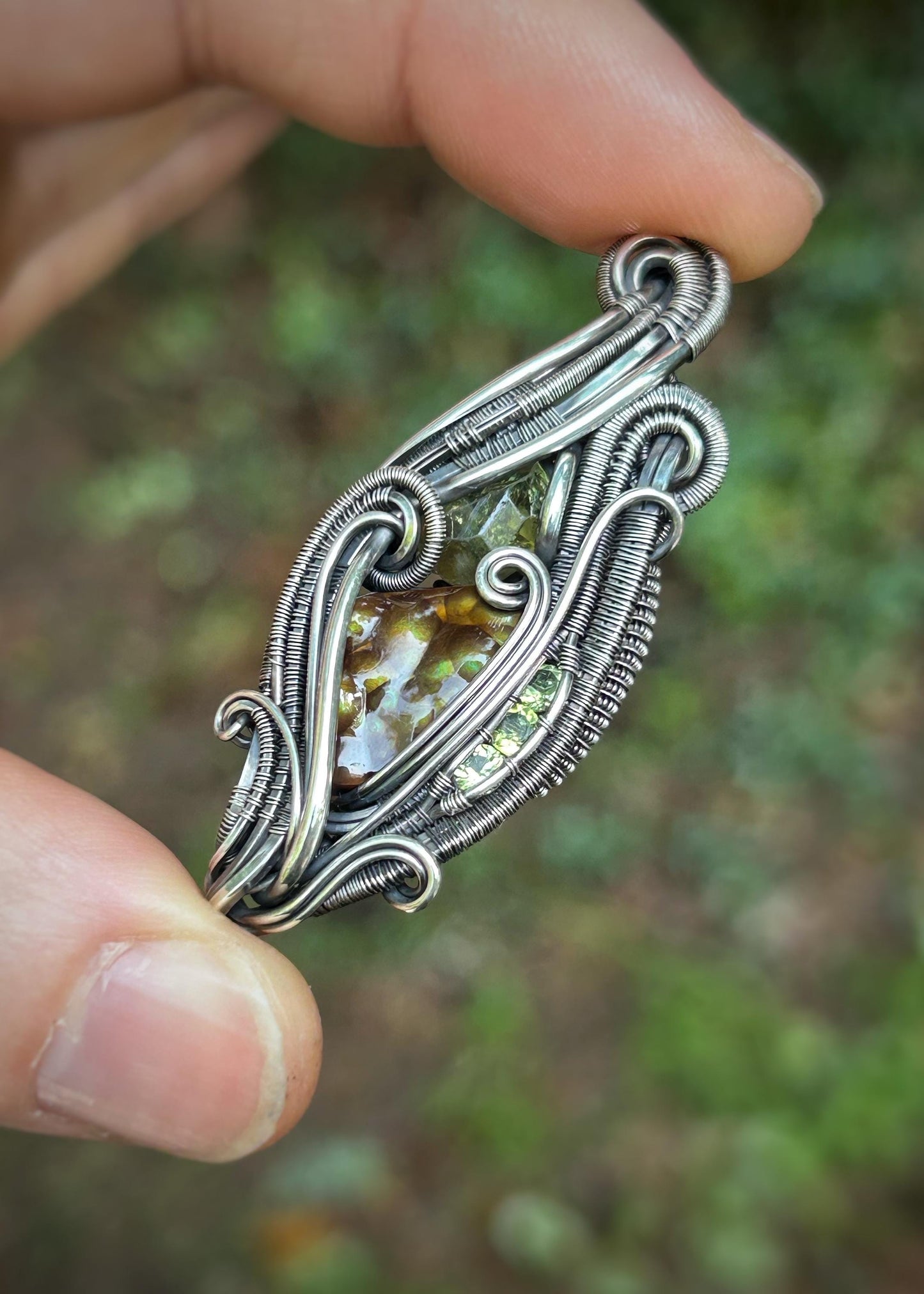 All Green Deer Creek Fire Agate Pendant // Demantoid Garnet // Peridot // Festival Jewelry // Oxidized Silver // Handmade Wire Art // Love
