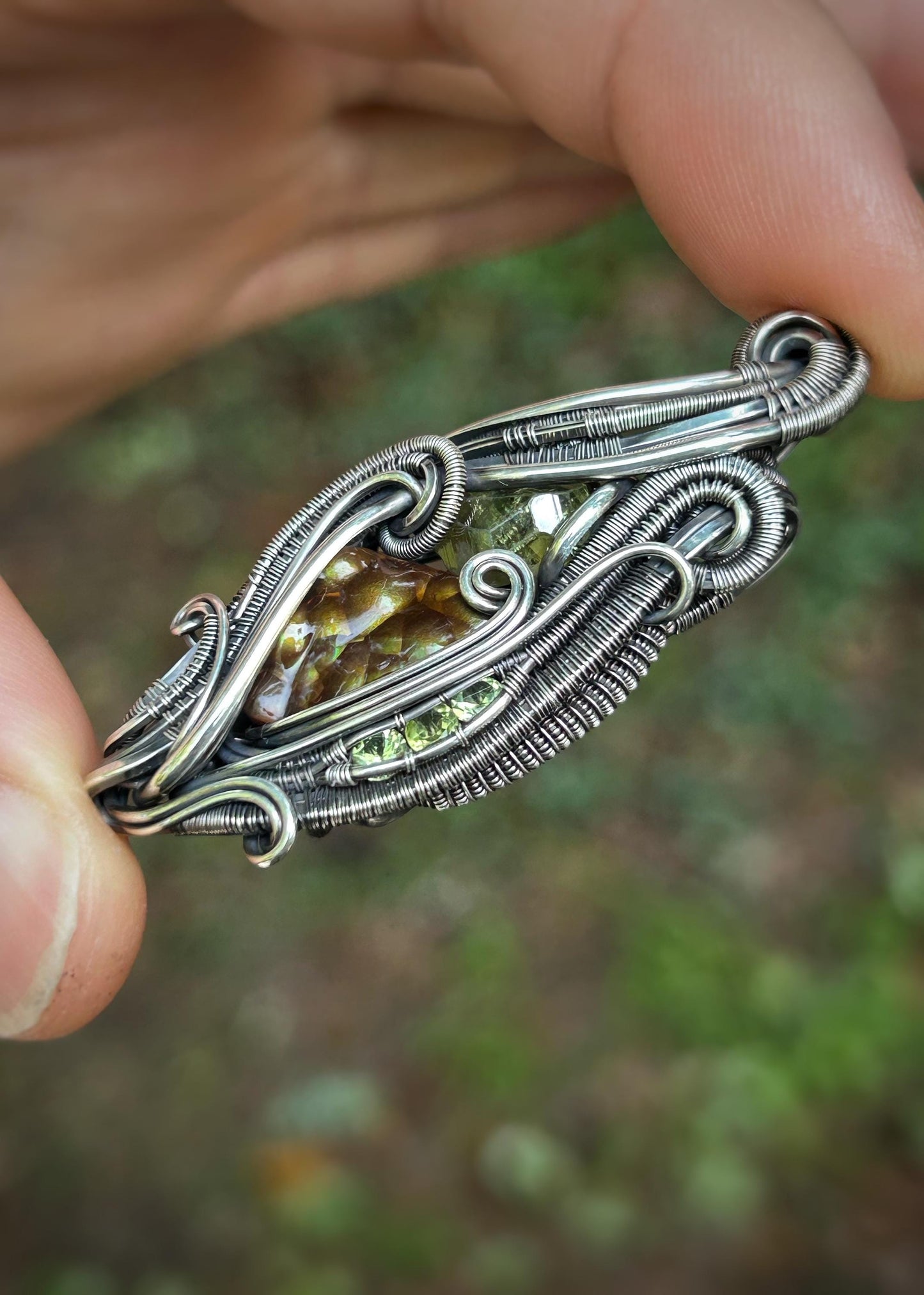 All Green Deer Creek Fire Agate Pendant // Demantoid Garnet // Peridot // Festival Jewelry // Oxidized Silver // Handmade Wire Art // Love