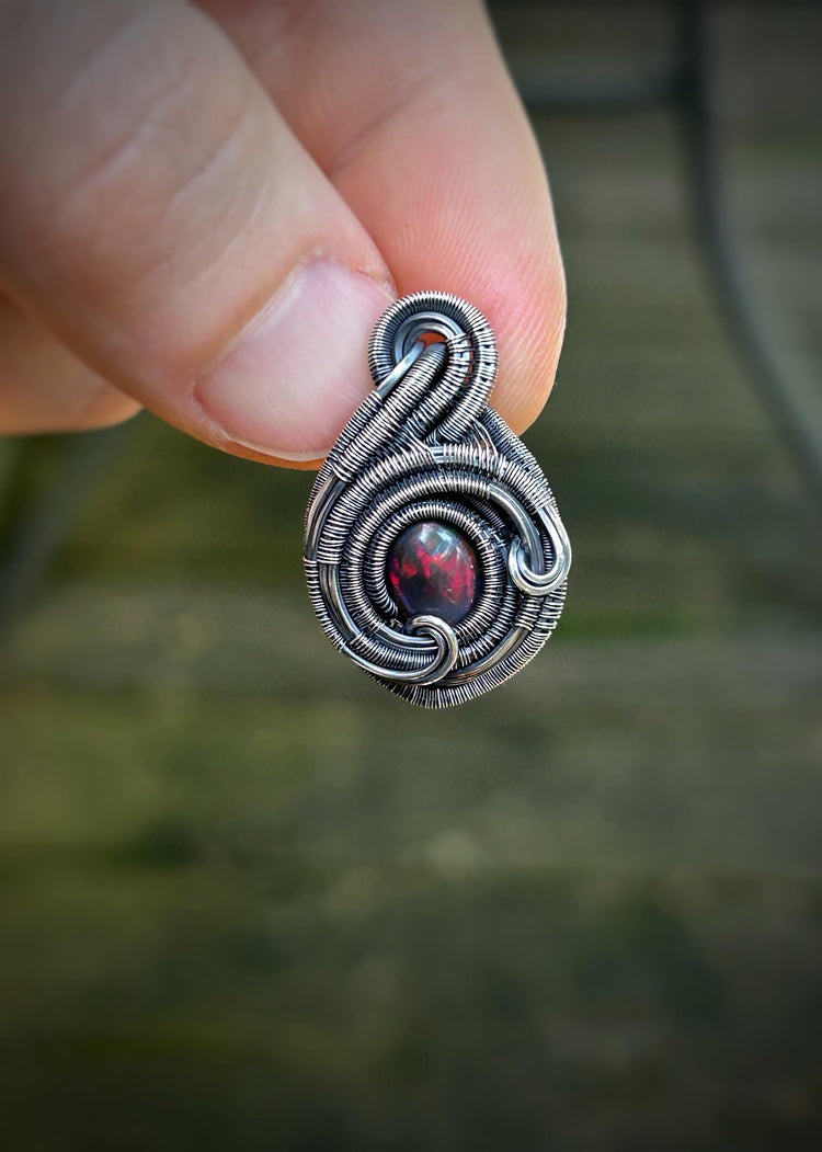 Opal Mini Pendant // Red Opal // Wire Wrapped // Ethiopian Welo Opal // Festival Jewelry // Oxidized Sterling Silver // Handmade