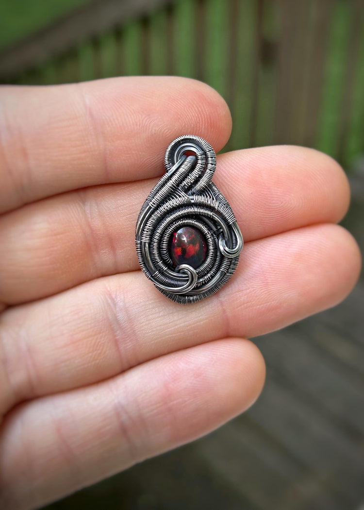 Opal Mini Pendant // Red Opal // Wire Wrapped // Ethiopian Welo Opal // Festival Jewelry // Oxidized Sterling Silver // Handmade