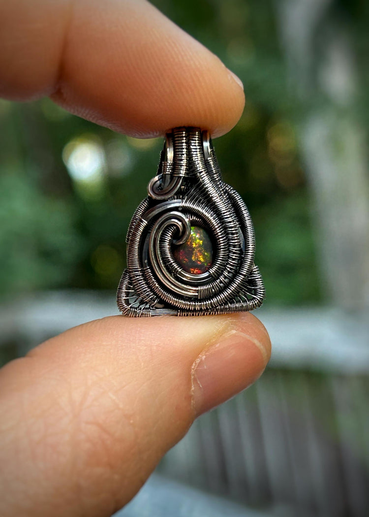 Triangular Opal Mini // Wire Wrapped Pendant // Ethiopian Welo Opal // Festival Jewelry // Oxidized Sterling Silver // Petite // Handmade