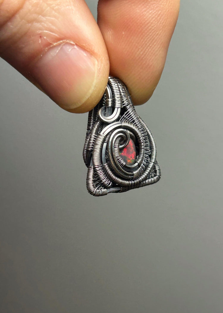 Triangular Opal Mini // Wire Wrapped Pendant // Ethiopian Welo Opal // Festival Jewelry // Oxidized Sterling Silver // Petite // Handmade