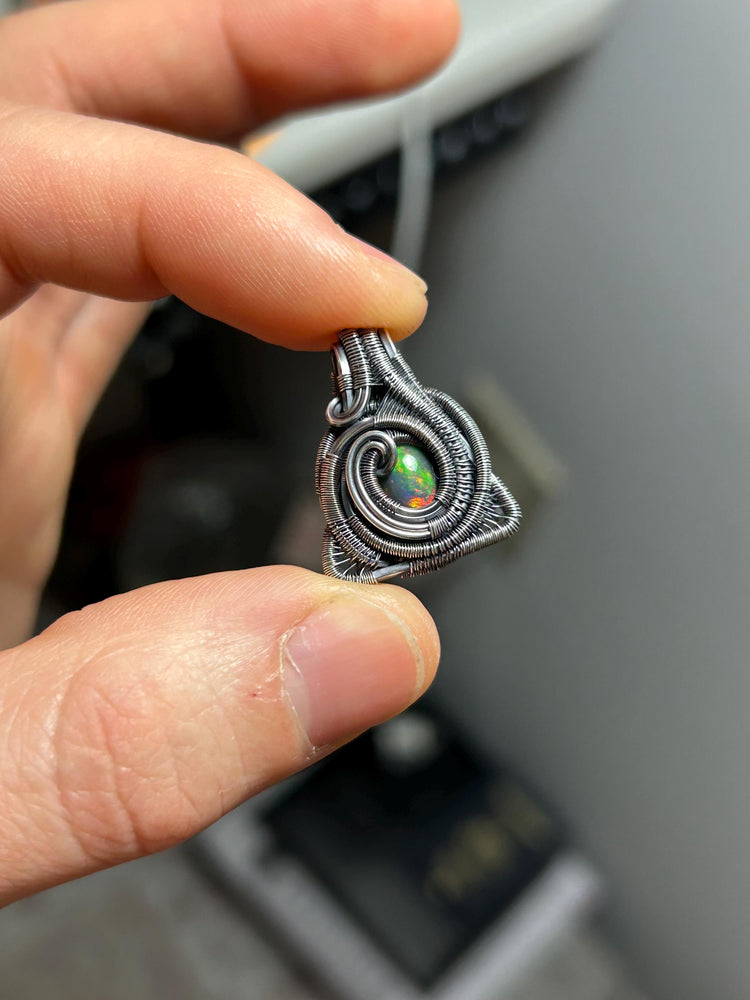 Triangular Opal Mini // Wire Wrapped Pendant // Ethiopian Welo Opal // Festival Jewelry // Oxidized Sterling Silver // Petite // Handmade