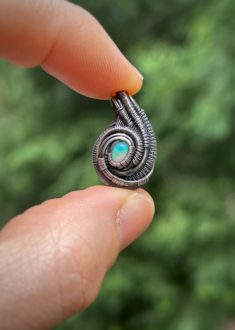Little Opal Mini Pendant // Wire Wrapped // Ethiopian Welo Opal // Festival Jewelry // Oxidized Sterling Silver // Petite // Handmade