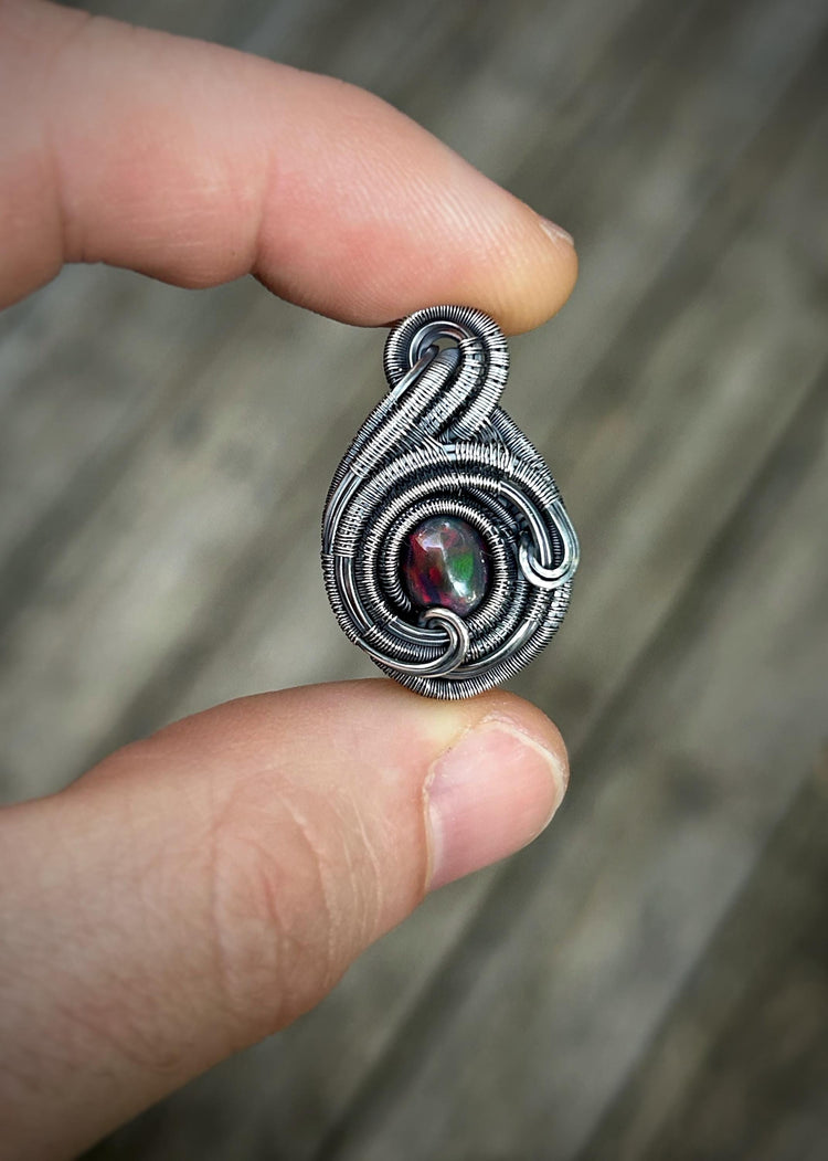 Opal Mini Pendant // Red Opal // Wire Wrapped // Ethiopian Welo Opal // Festival Jewelry // Oxidized Sterling Silver // Handmade