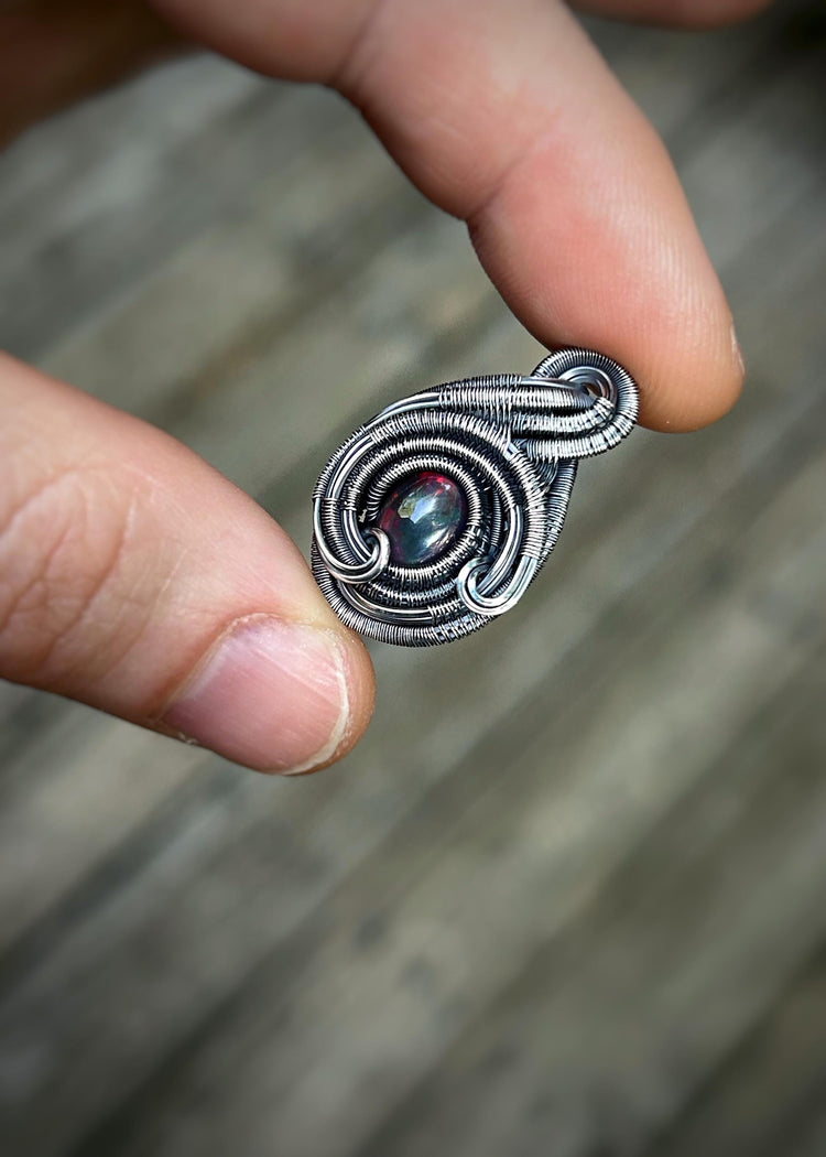 Opal Mini Pendant // Red Opal // Wire Wrapped // Ethiopian Welo Opal // Festival Jewelry // Oxidized Sterling Silver // Handmade