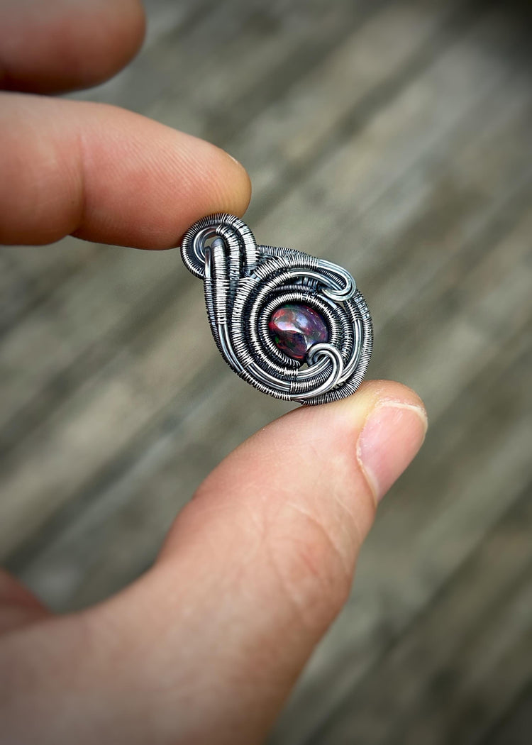 Opal Mini Pendant // Red Opal // Wire Wrapped // Ethiopian Welo Opal // Festival Jewelry // Oxidized Sterling Silver // Handmade