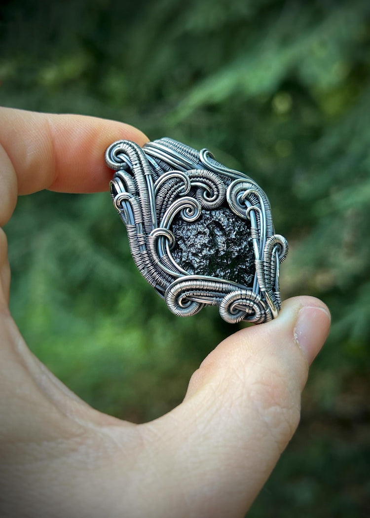 Moldavite Pendant // Chlum Moldavite // Wire Wrapped Pendant // Organic Wire Flow // Festival Jewelry // Oxidized Sterling Silver / Handmade