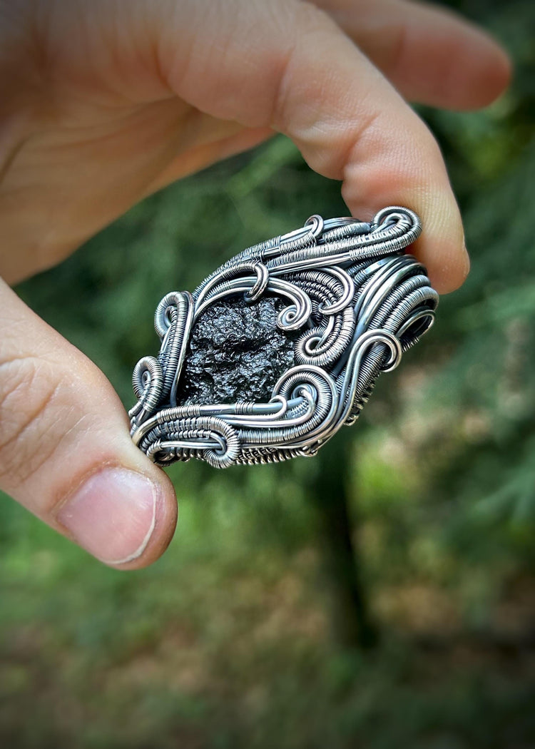 Moldavite Pendant // Chlum Moldavite // Wire Wrapped Pendant // Organic Wire Flow // Festival Jewelry // Oxidized Sterling Silver / Handmade