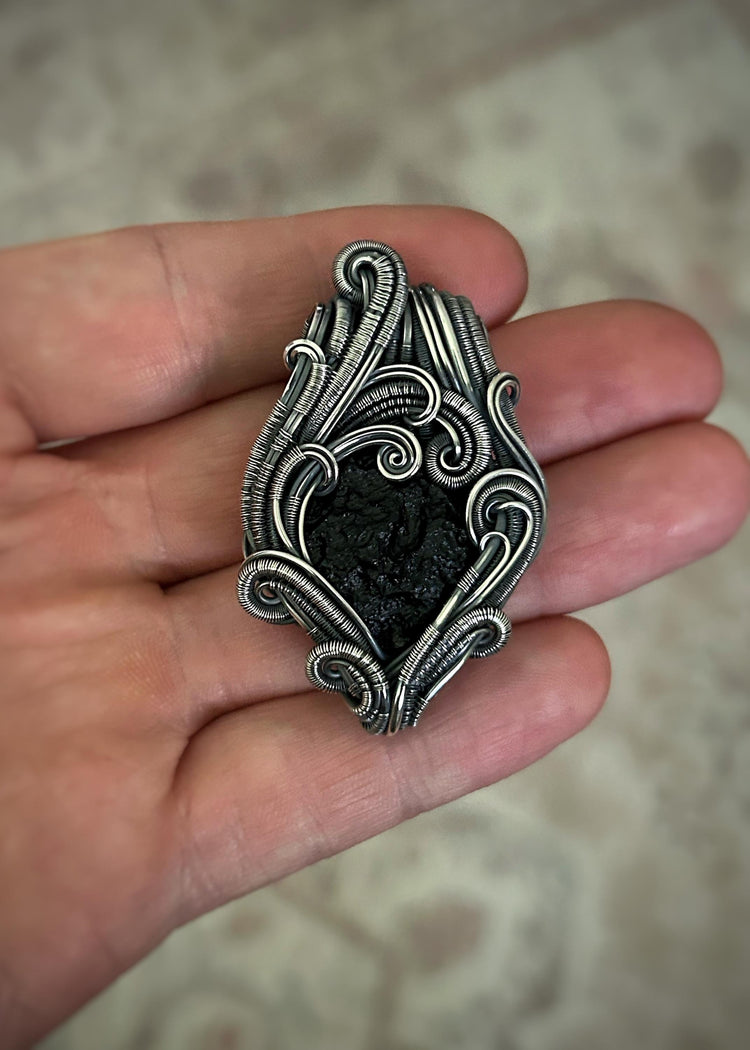 Moldavite Pendant // Chlum Moldavite // Wire Wrapped Pendant // Organic Wire Flow // Festival Jewelry // Oxidized Sterling Silver / Handmade
