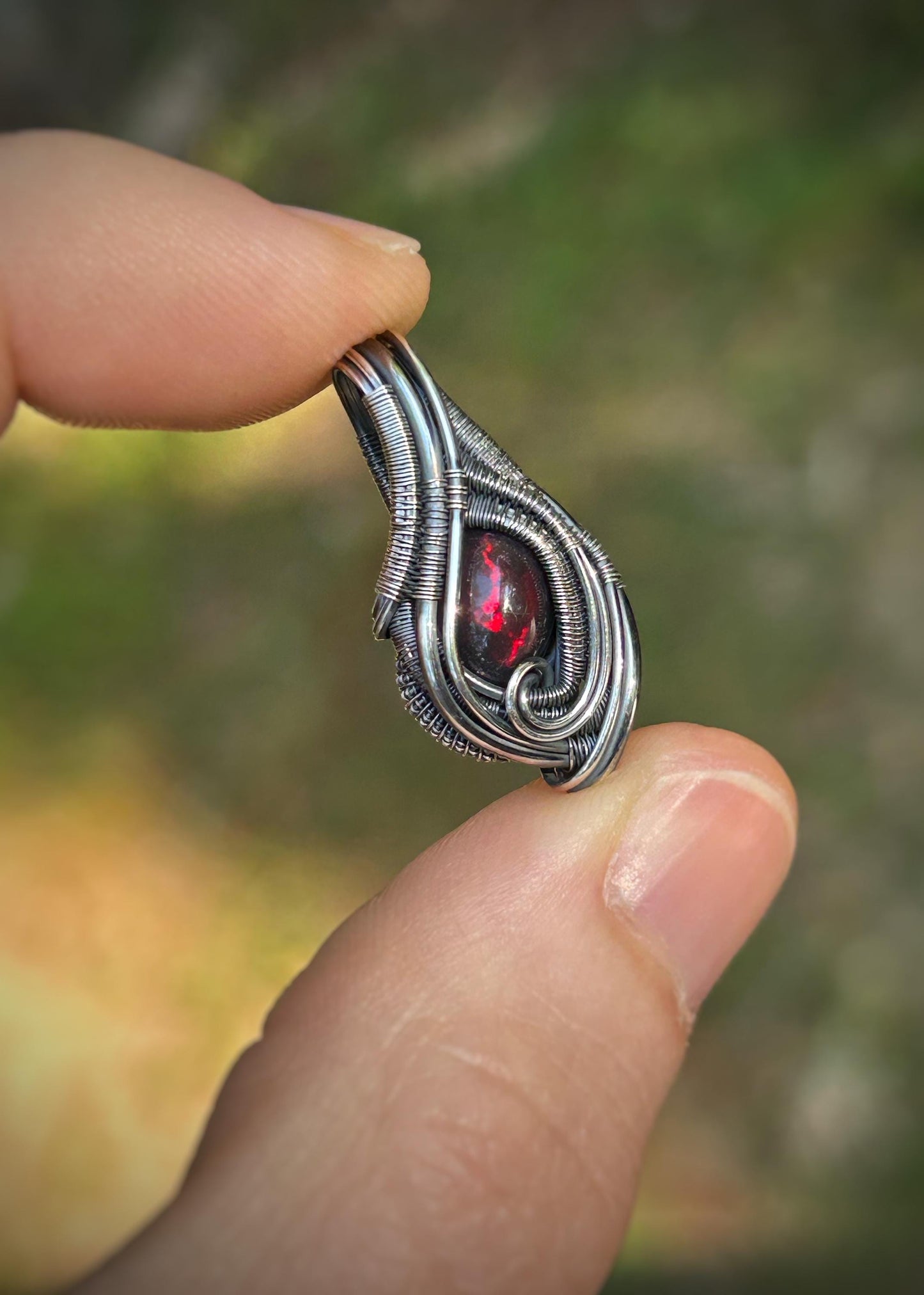 Red Opal Mini Pendant // Wire Wrap // Sterling Silver // Oxidized // Festival Jewelry // Handmade Wire Art // Elegant // One of a kind