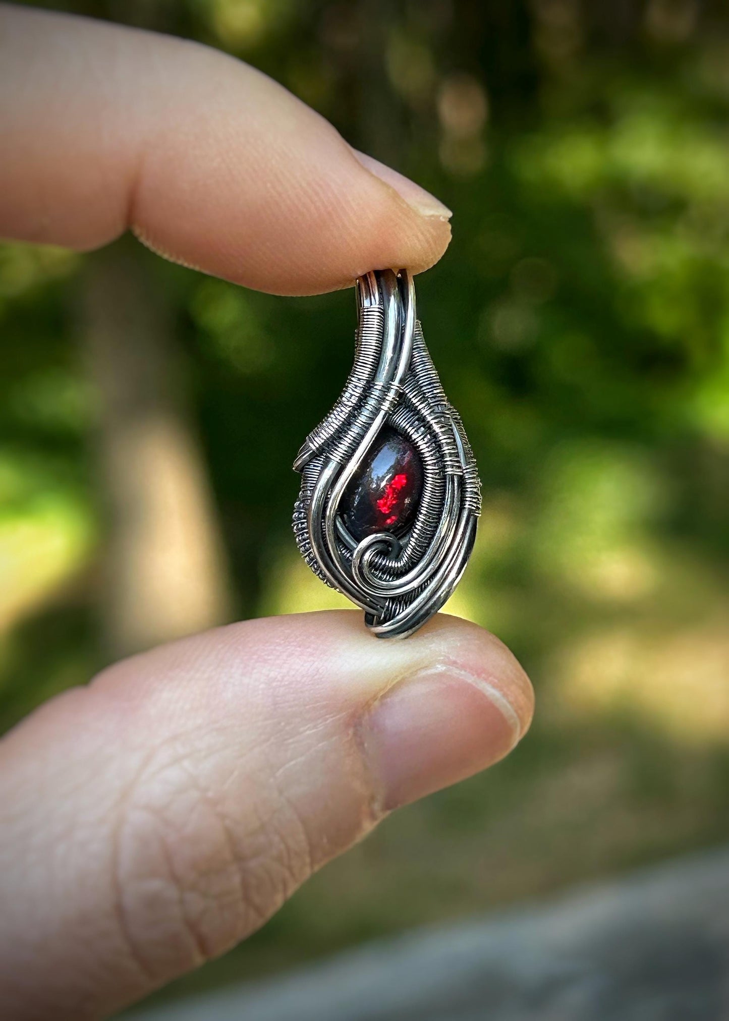 Red Opal Mini Pendant // Wire Wrap // Sterling Silver // Oxidized // Festival Jewelry // Handmade Wire Art // Elegant // One of a kind