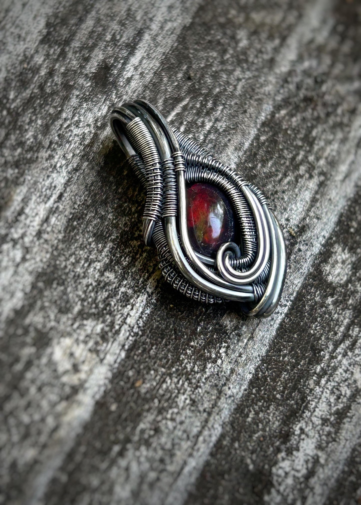 Red Opal Mini Pendant // Wire Wrap // Sterling Silver // Oxidized // Festival Jewelry // Handmade Wire Art // Elegant // One of a kind