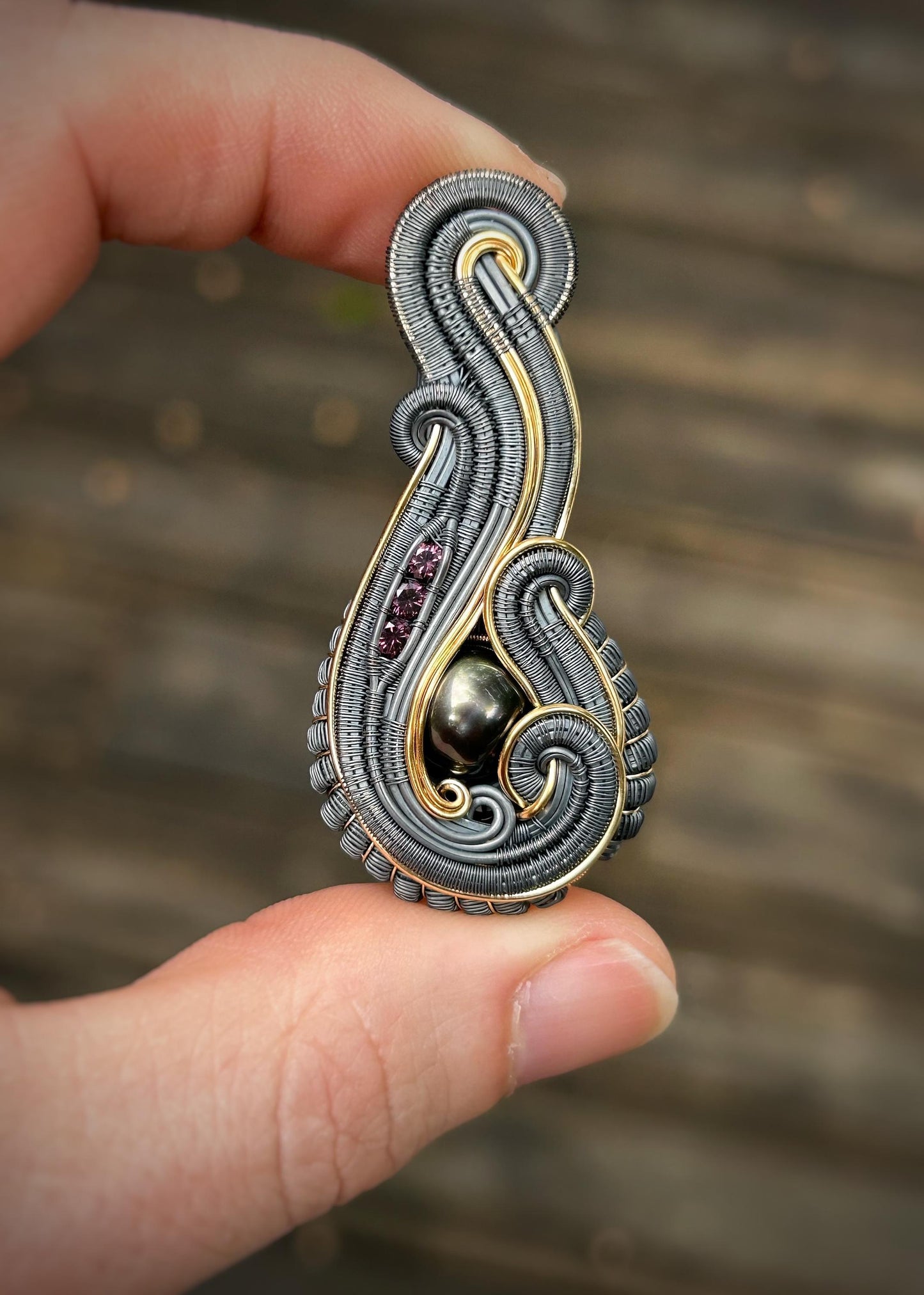 Tahitian Black Pearl // Malawi Purple Garnets // Mixed Metals // Festival Jewelry // Wire Wrapped Pendant // Oxidized Silver