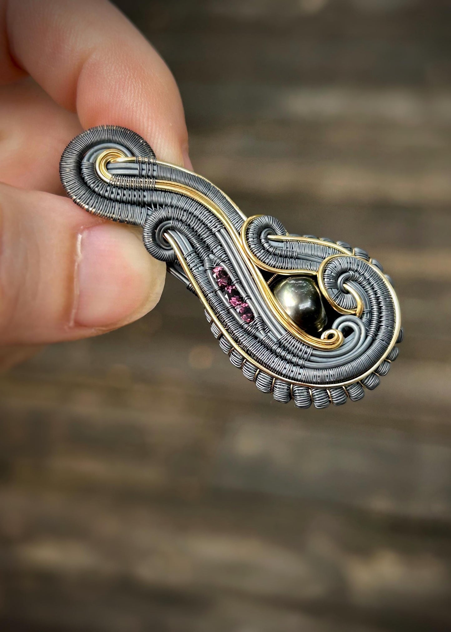 Tahitian Black Pearl // Malawi Purple Garnets // Mixed Metals // Festival Jewelry // Wire Wrapped Pendant // Oxidized Silver