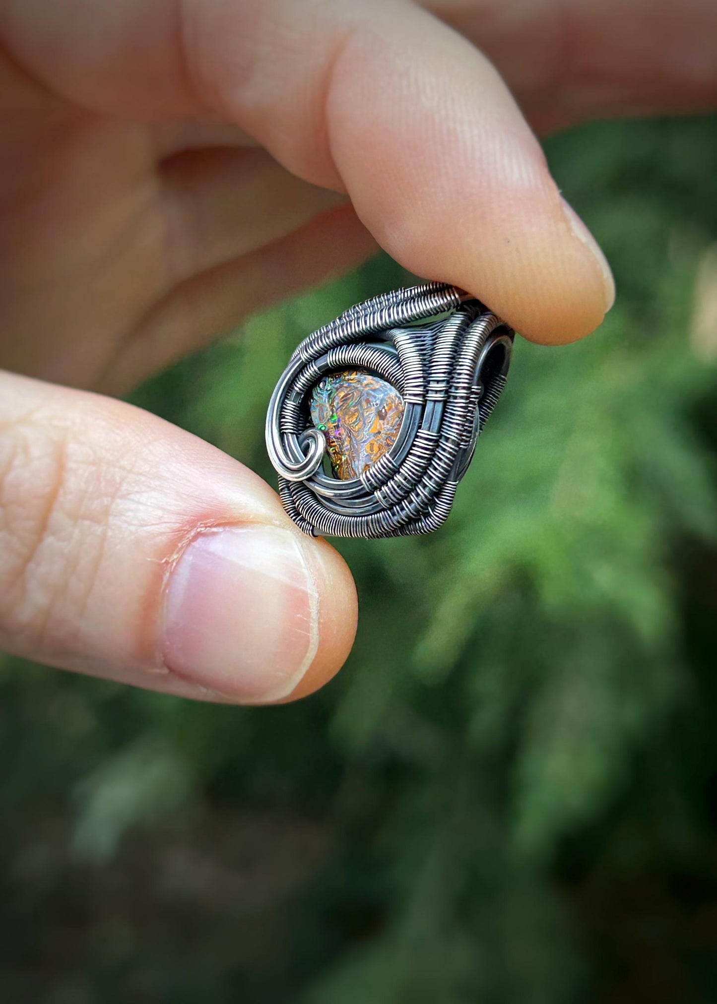 mini Boulder Opal pendant // Wire Wrap // Handmade Jewelry // Festival // Oxidized Sterling Silver // Elegant // One of a Kind // Fire Opal