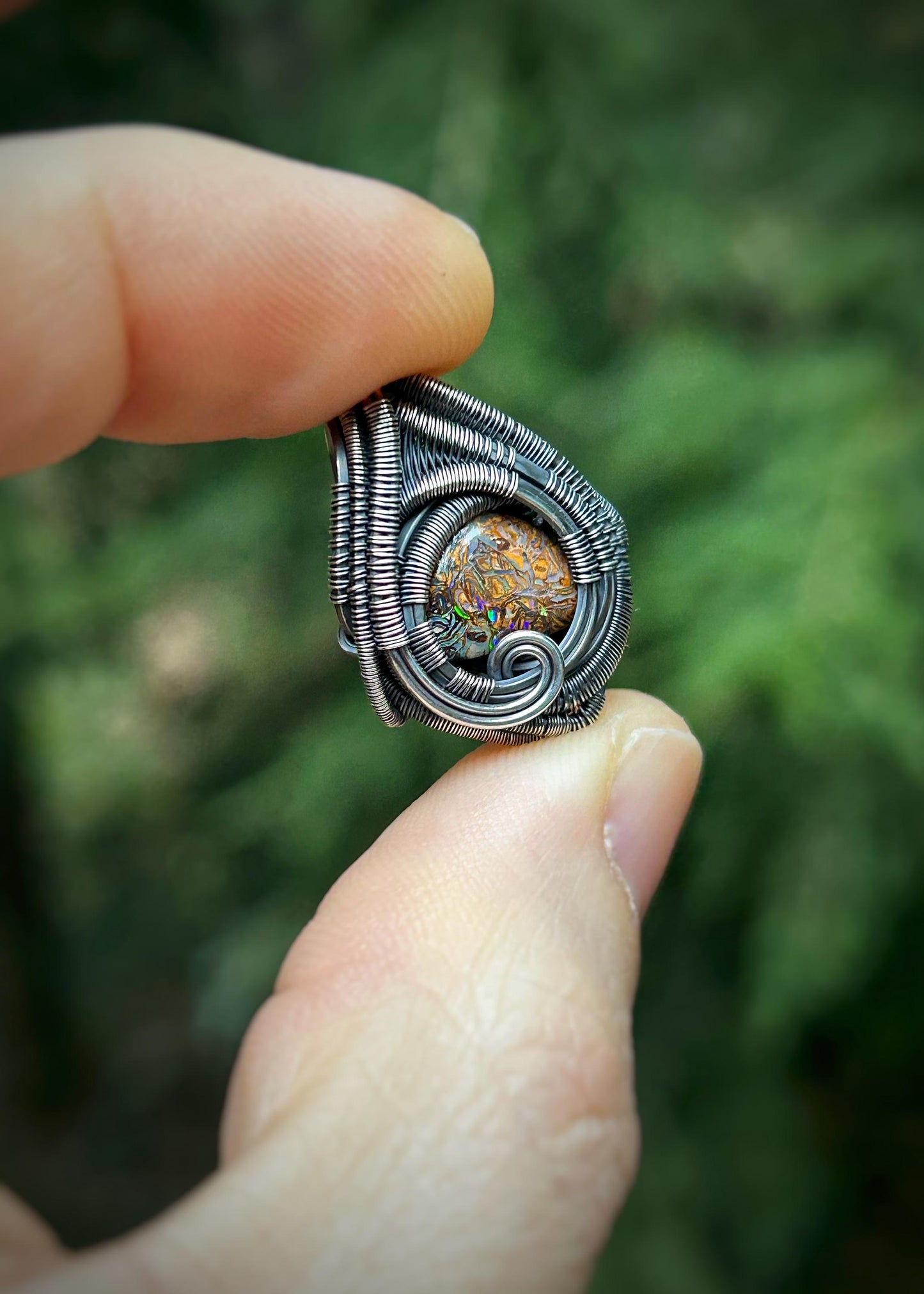 mini Boulder Opal pendant // Wire Wrap // Handmade Jewelry // Festival // Oxidized Sterling Silver // Elegant // One of a Kind // Fire Opal