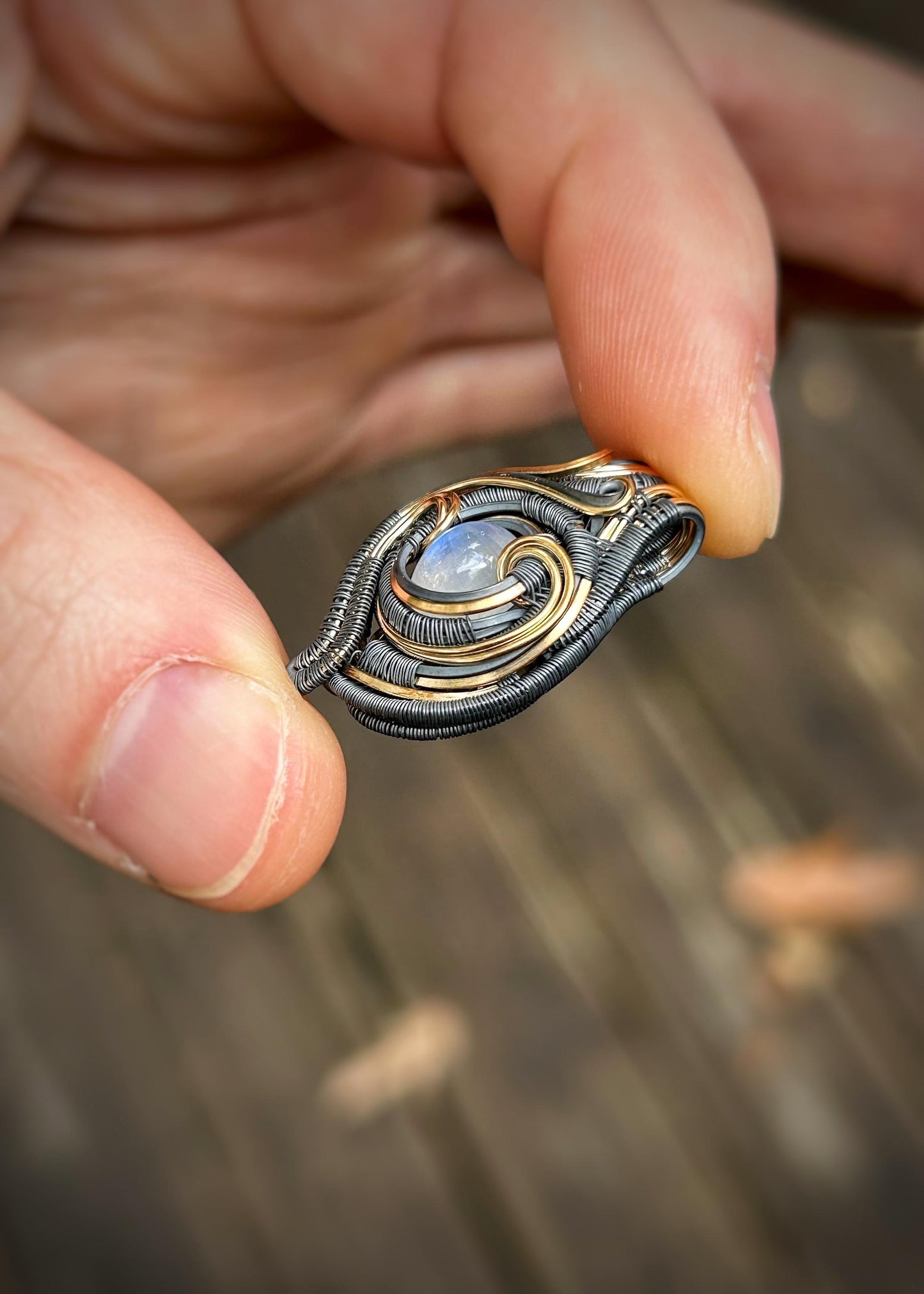 Mini Moonstone Pendant // Wire Wrap // Mixed Metals // Oxidized Silver // Festival Jewelry // Rainbow Moonstone // Handmade Jewelry
