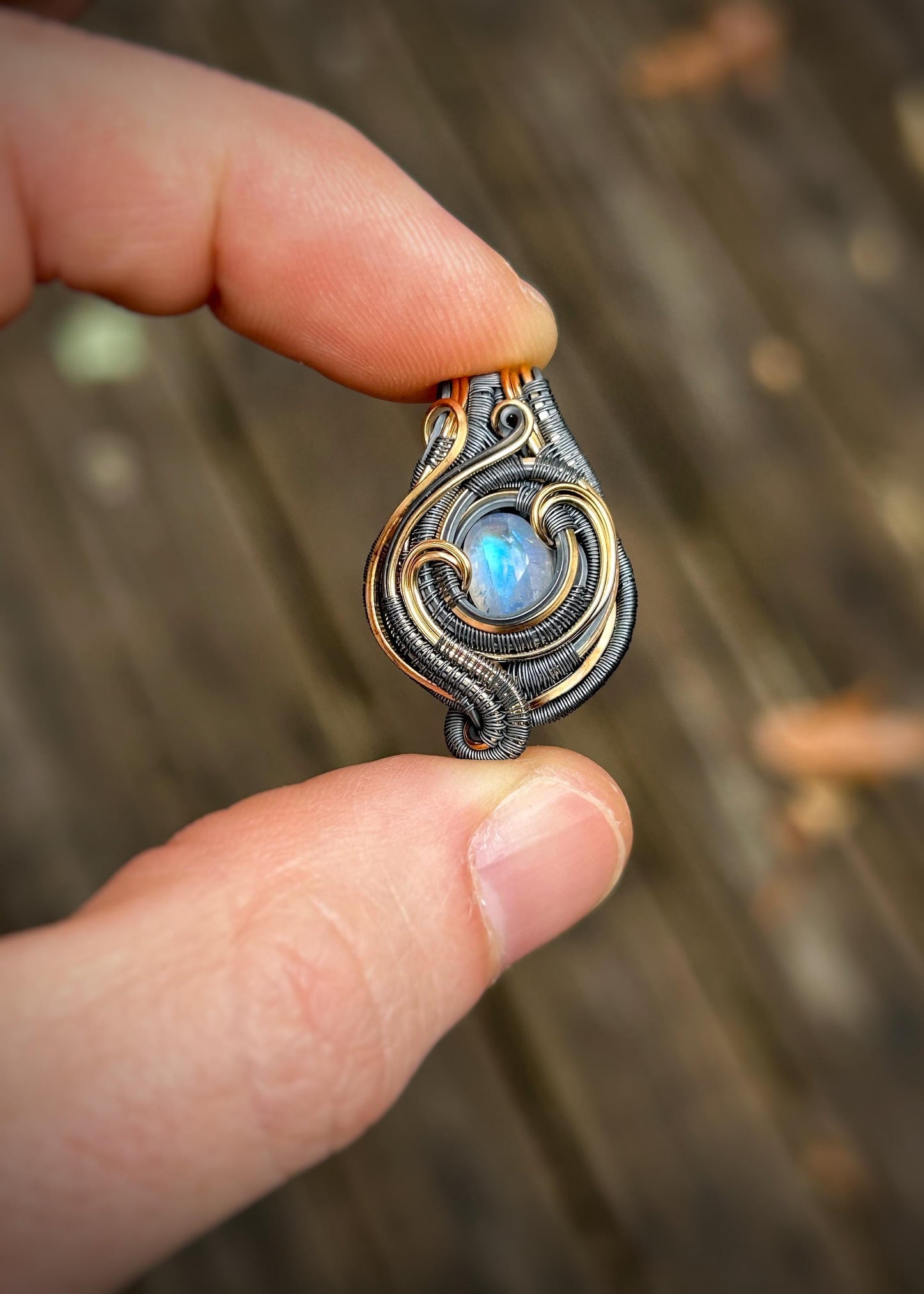 Mini Moonstone Pendant // Wire Wrap // Mixed Metals // Oxidized Silver // Festival Jewelry // Rainbow Moonstone // Handmade Jewelry