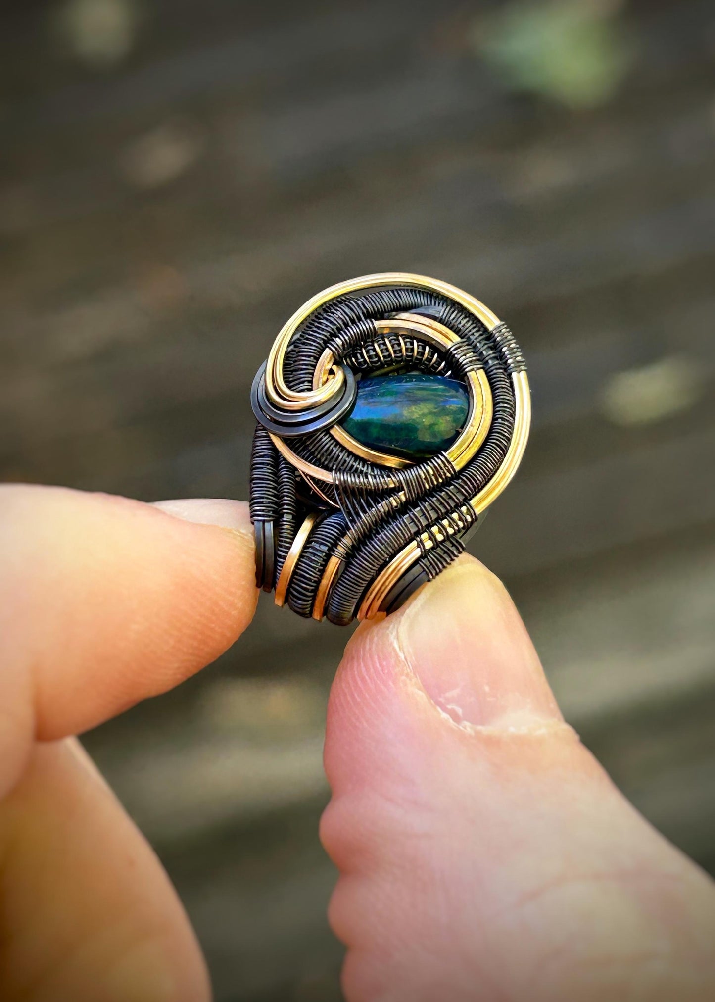 Mini Blue-Green Opal Pendant // Wire Wrapped // Oxidized Silver // Mixed Metals // Festival Jewelry // Handmade Wire Art // One of a Kind