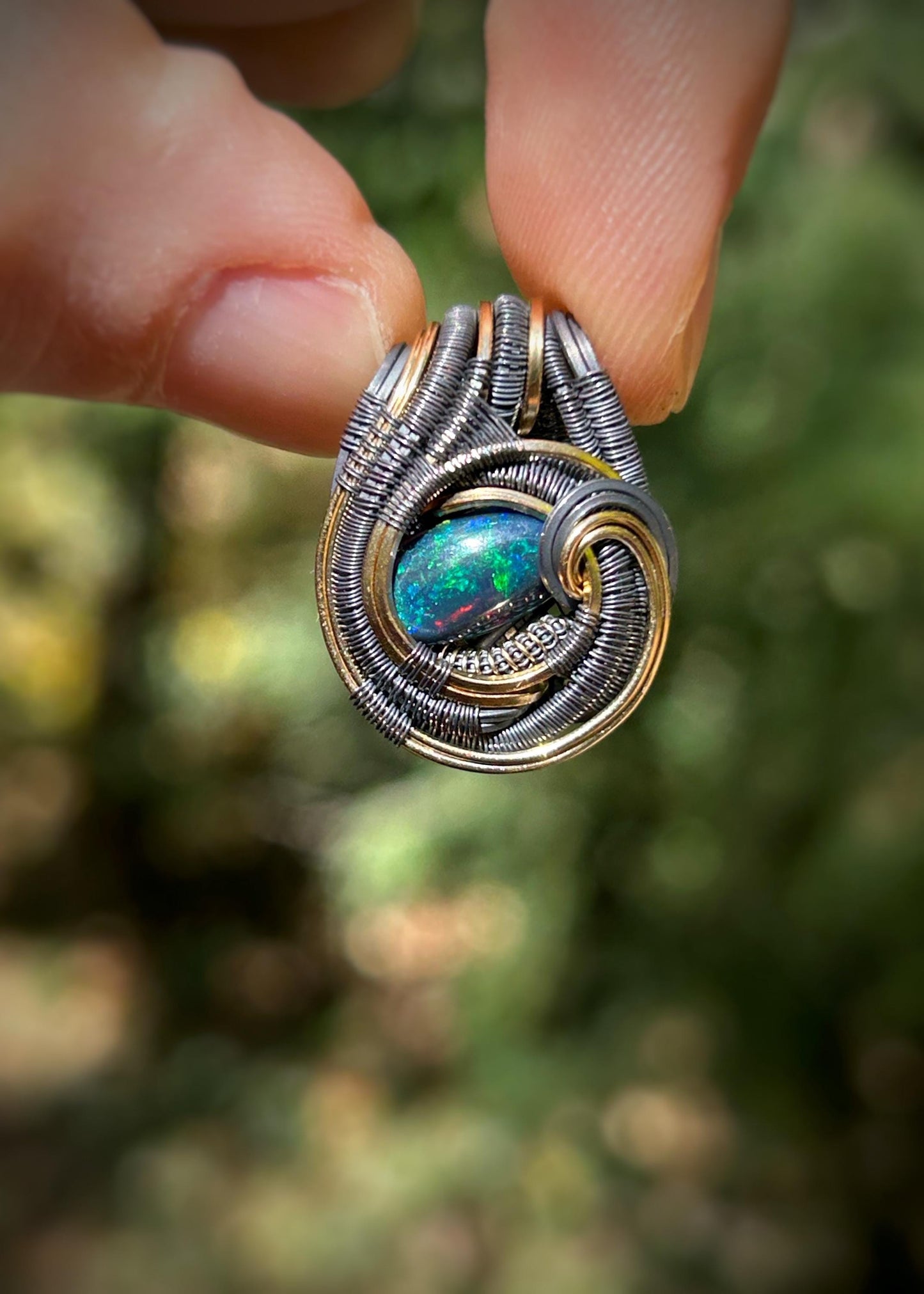 Mini Blue-Green Opal Pendant // Wire Wrapped // Oxidized Silver // Mixed Metals // Festival Jewelry // Handmade Wire Art // One of a Kind
