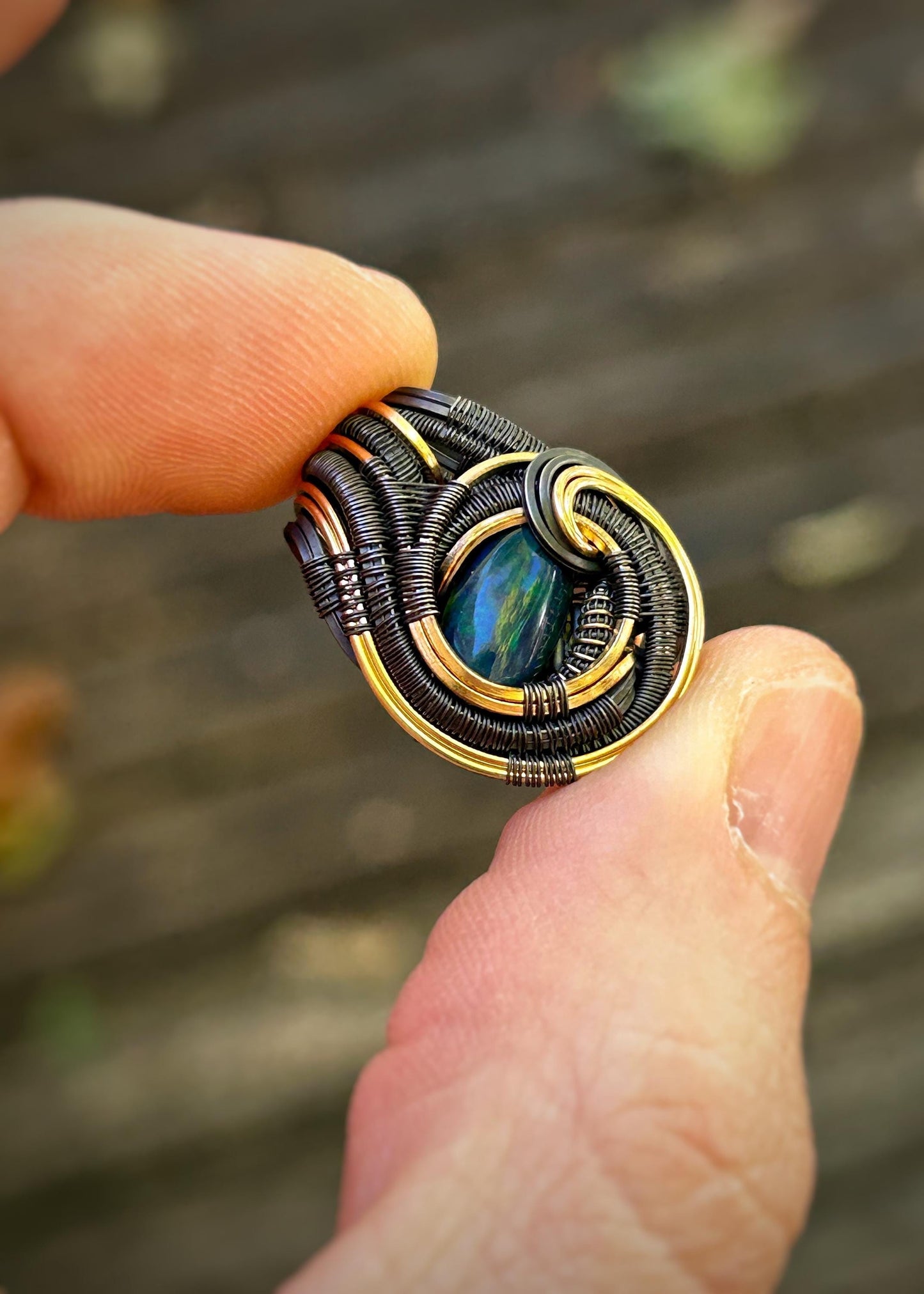 Mini Blue-Green Opal Pendant // Wire Wrapped // Oxidized Silver // Mixed Metals // Festival Jewelry // Handmade Wire Art // One of a Kind