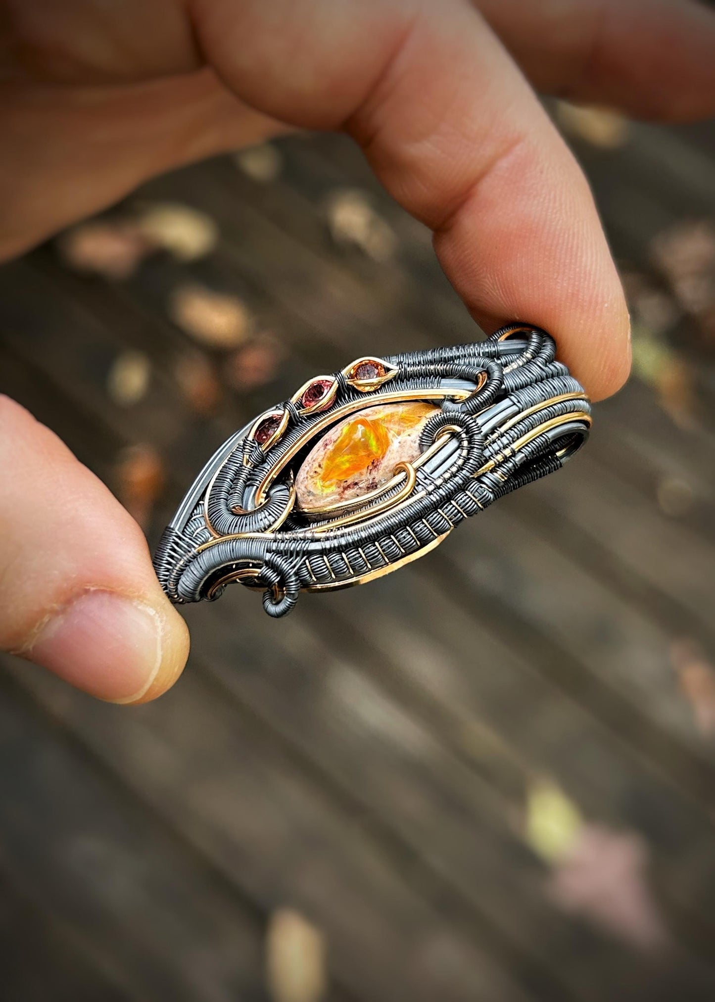 Autumnal Fire Opal Pendant // Multicolor Sapphires // Oxidized Silver // Mixed Metals // Goldfill // Festival Jewelry // Wrapped Pendant