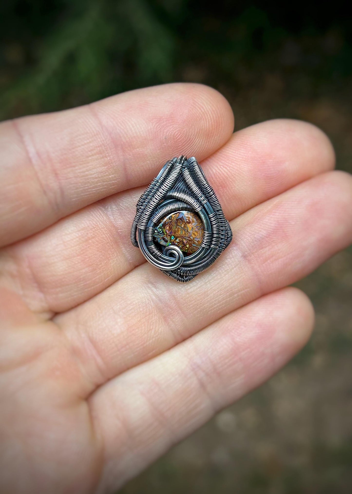 mini Boulder Opal pendant // Wire Wrap // Handmade Jewelry // Festival // Oxidized Sterling Silver // Elegant // One of a Kind // Fire Opal