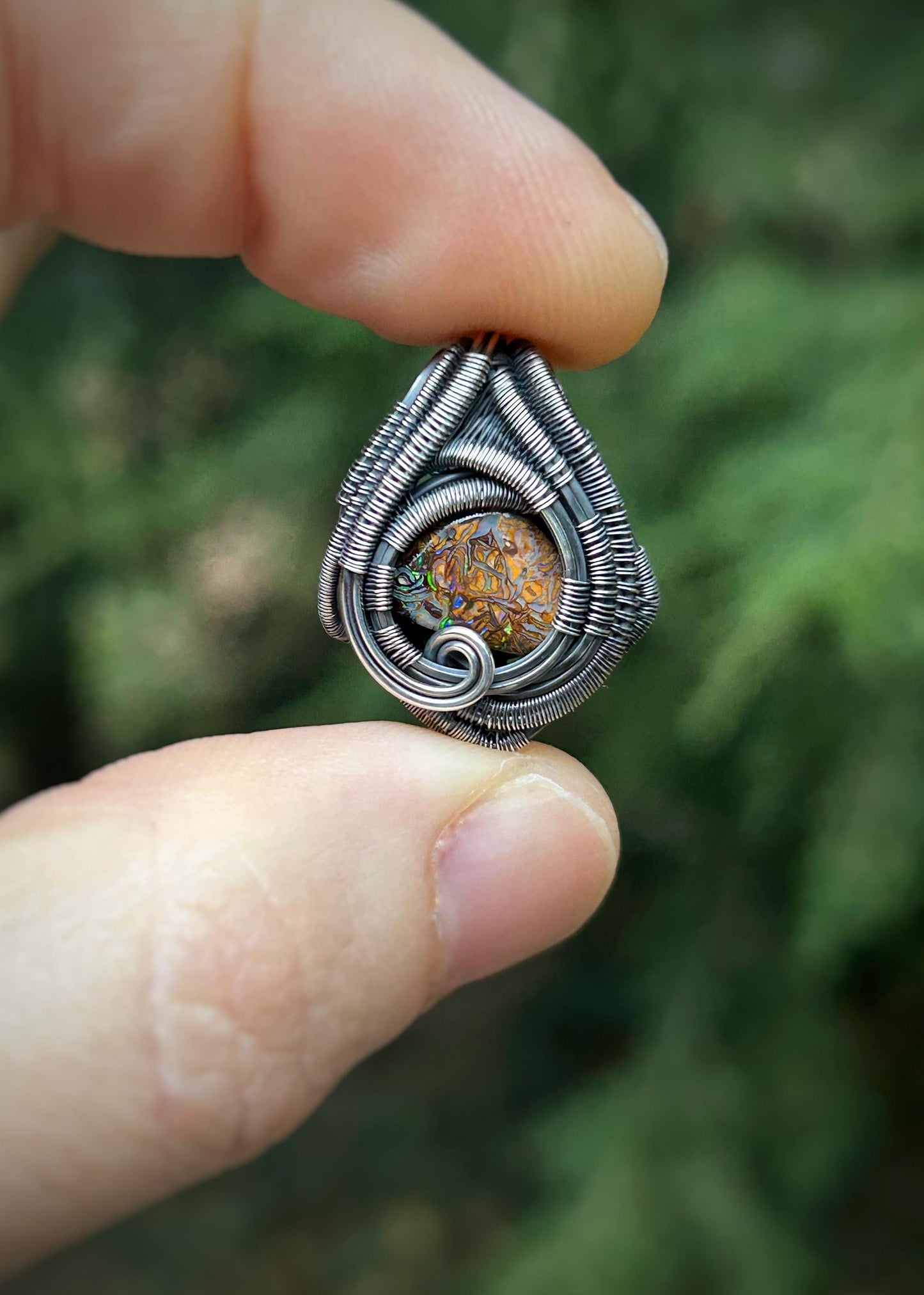 mini Boulder Opal pendant // Wire Wrap // Handmade Jewelry // Festival // Oxidized Sterling Silver // Elegant // One of a Kind // Fire Opal