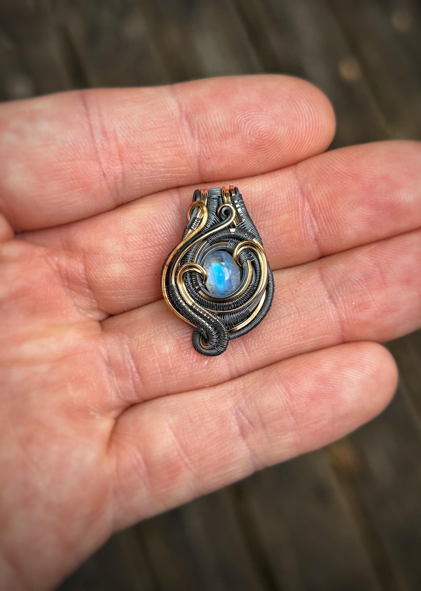 Mini Moonstone Pendant // Wire Wrap // Mixed Metals // Oxidized Silver // Festival Jewelry // Rainbow Moonstone // Handmade Jewelry