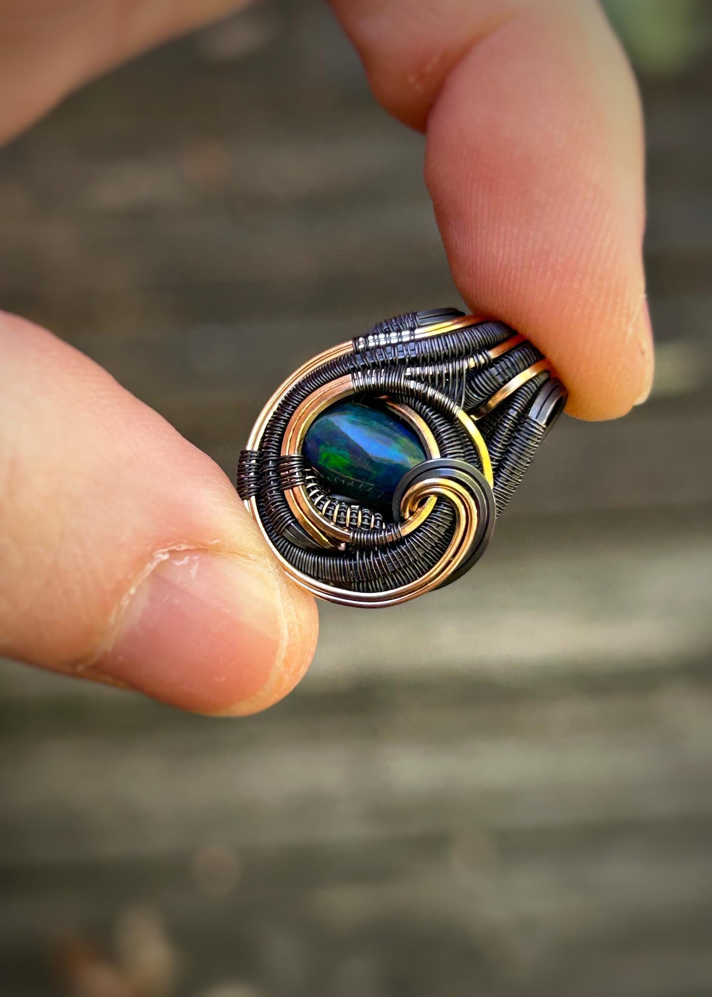 Mini Blue-Green Opal Pendant // Wire Wrapped // Oxidized Silver // Mixed Metals // Festival Jewelry // Handmade Wire Art // One of a Kind