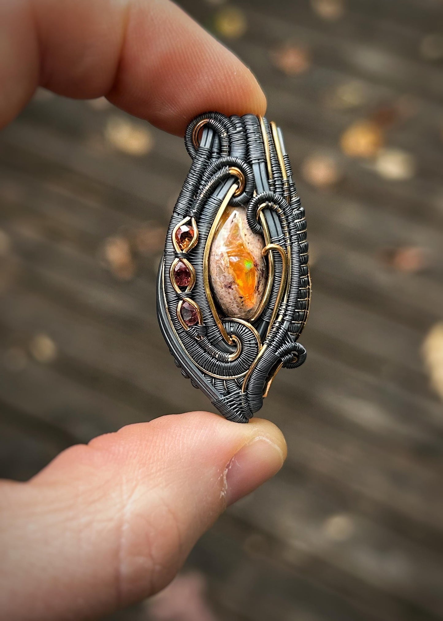Autumnal Fire Opal Pendant // Multicolor Sapphires // Oxidized Silver // Mixed Metals // Goldfill // Festival Jewelry // Wrapped Pendant
