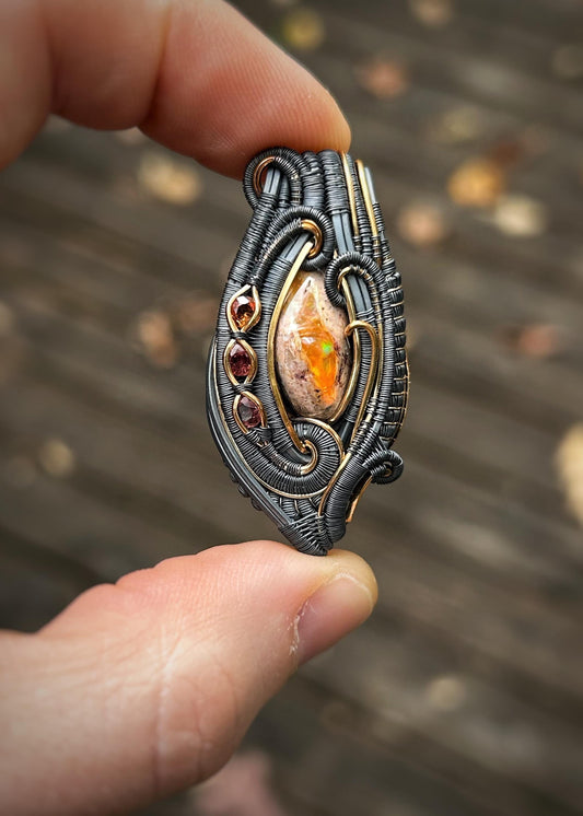 Autumnal Fire Opal Pendant // Multicolor Sapphires // Oxidized Silver // Mixed Metals // Goldfill // Festival Jewelry // Wrapped Pendant