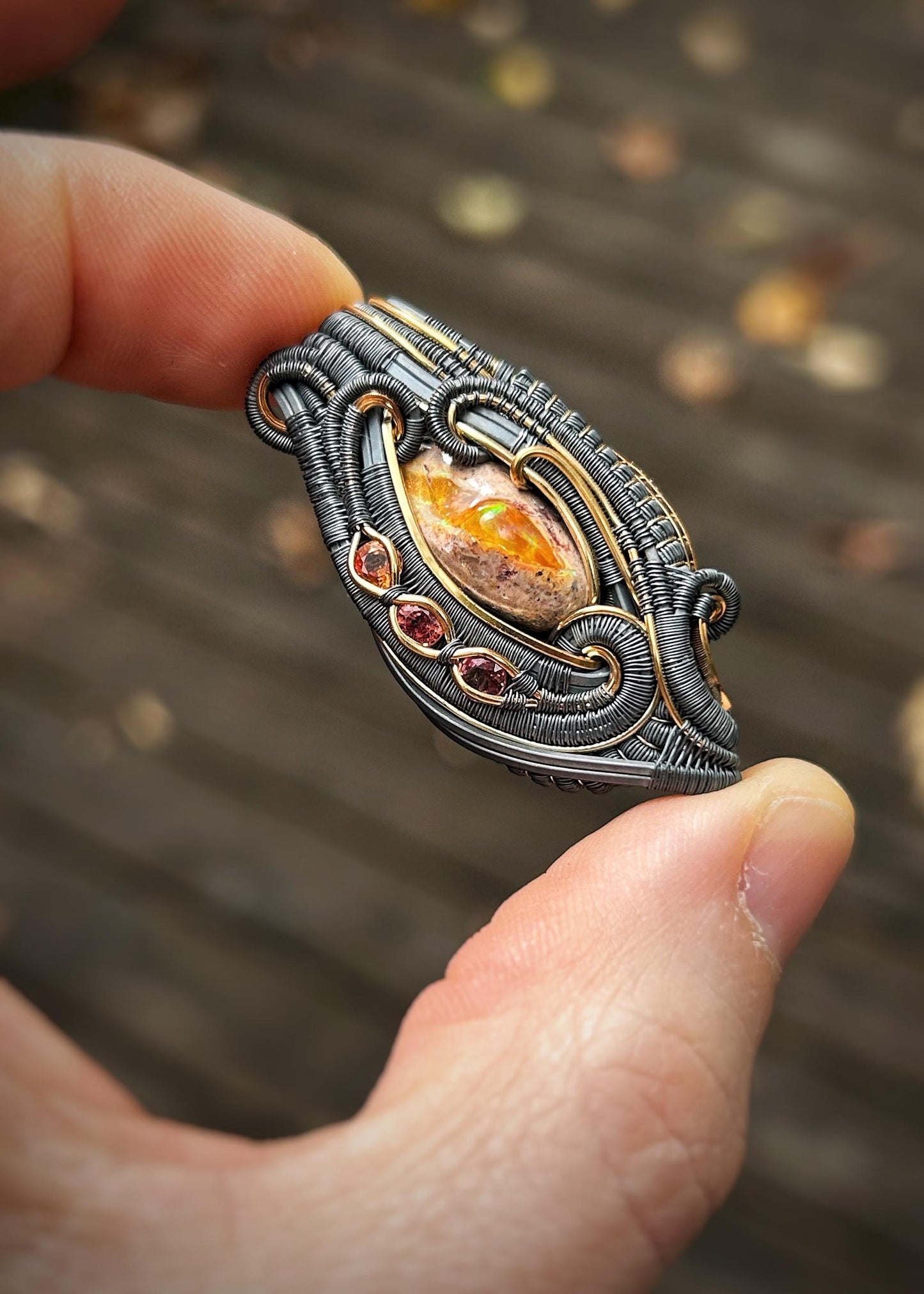 Autumnal Fire Opal Pendant // Multicolor Sapphires // Oxidized Silver // Mixed Metals // Goldfill // Festival Jewelry // Wrapped Pendant